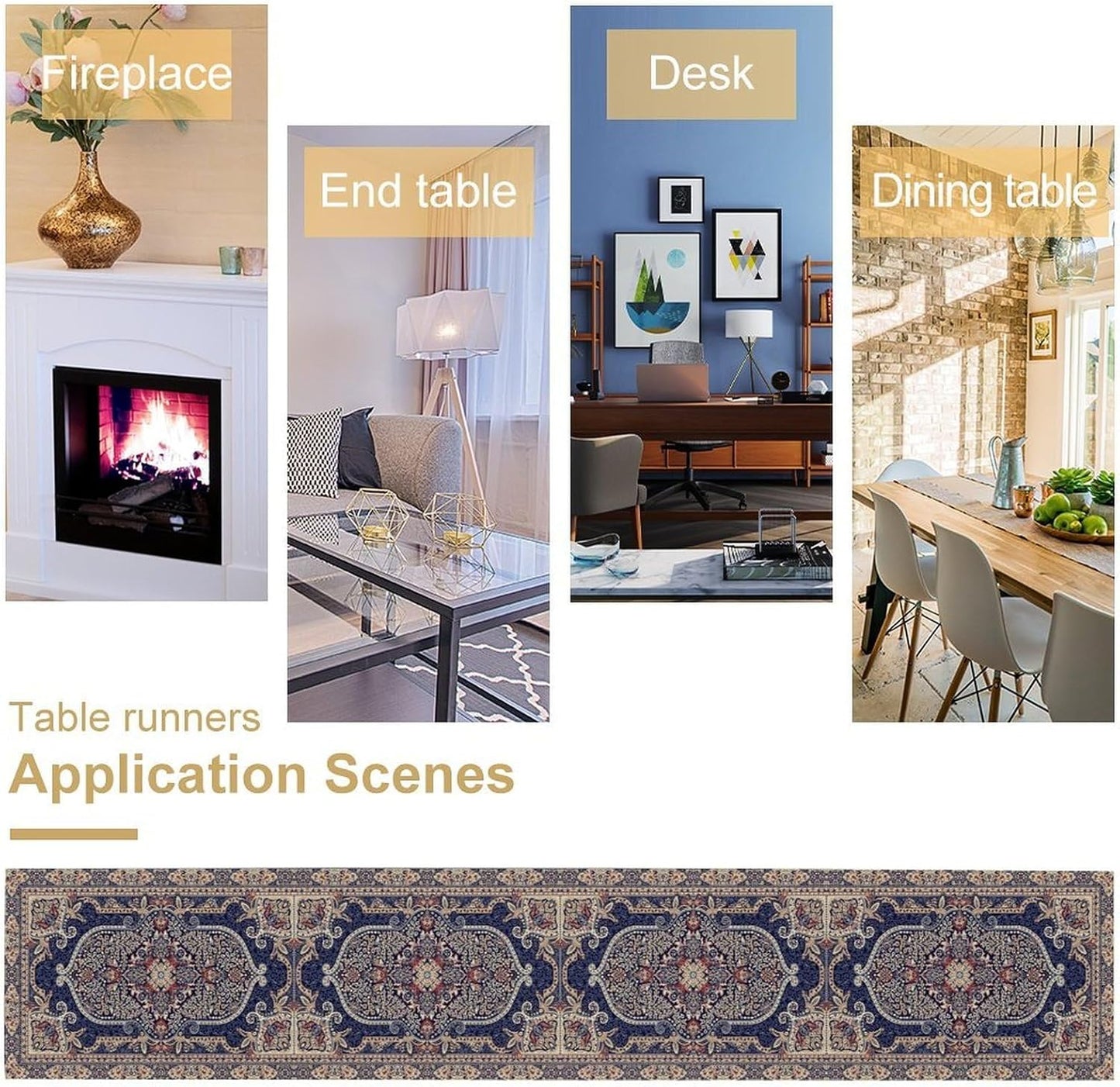 Vintage Boho Floral Table Runner, French Rustic Country Farmhouse Purple Golden Bohemia Flower Pattern for Home Kitchen Table Decor Dining Coffee Room Party Decor 13x72in