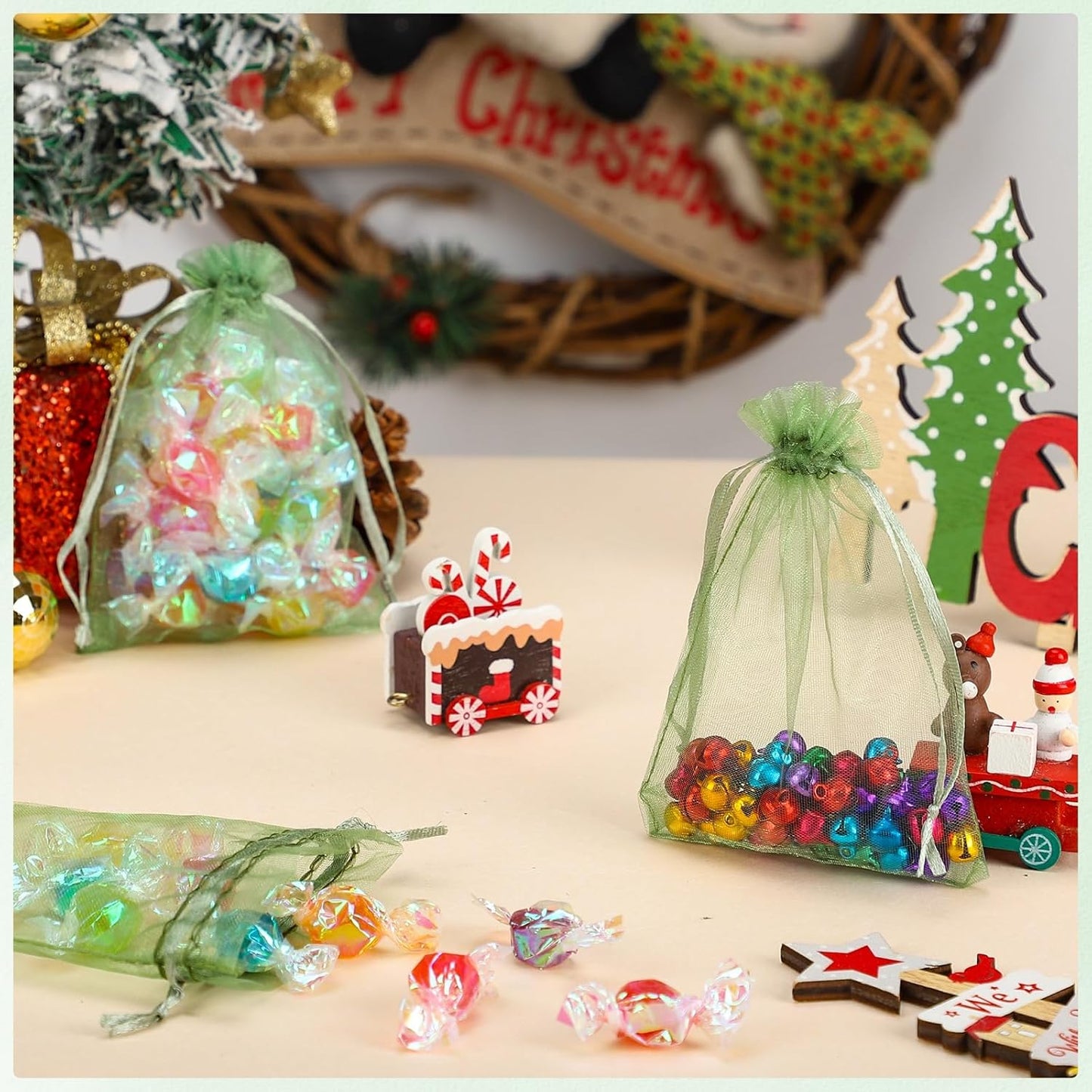 120PCS Sage Green Small Drawstring Bags 3.5x4.7 Inch Organza Bags Mini Mesh Gift Jewelry Pouches Candy Bag for Wedding Bridal Shower Baby Shower Birthday Party Favor