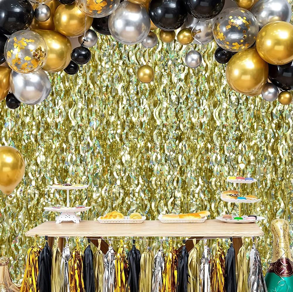 TONIFUL 3Pcs Wavy Metallic Tinsel Foil Fringe Curtains Champagne Gold Streamer Backdrop for Photo Booth Props,Party Door Wall Curtains Bachelorette Wedding Birthday New Year Decor (9.9ft x 6.6ft)