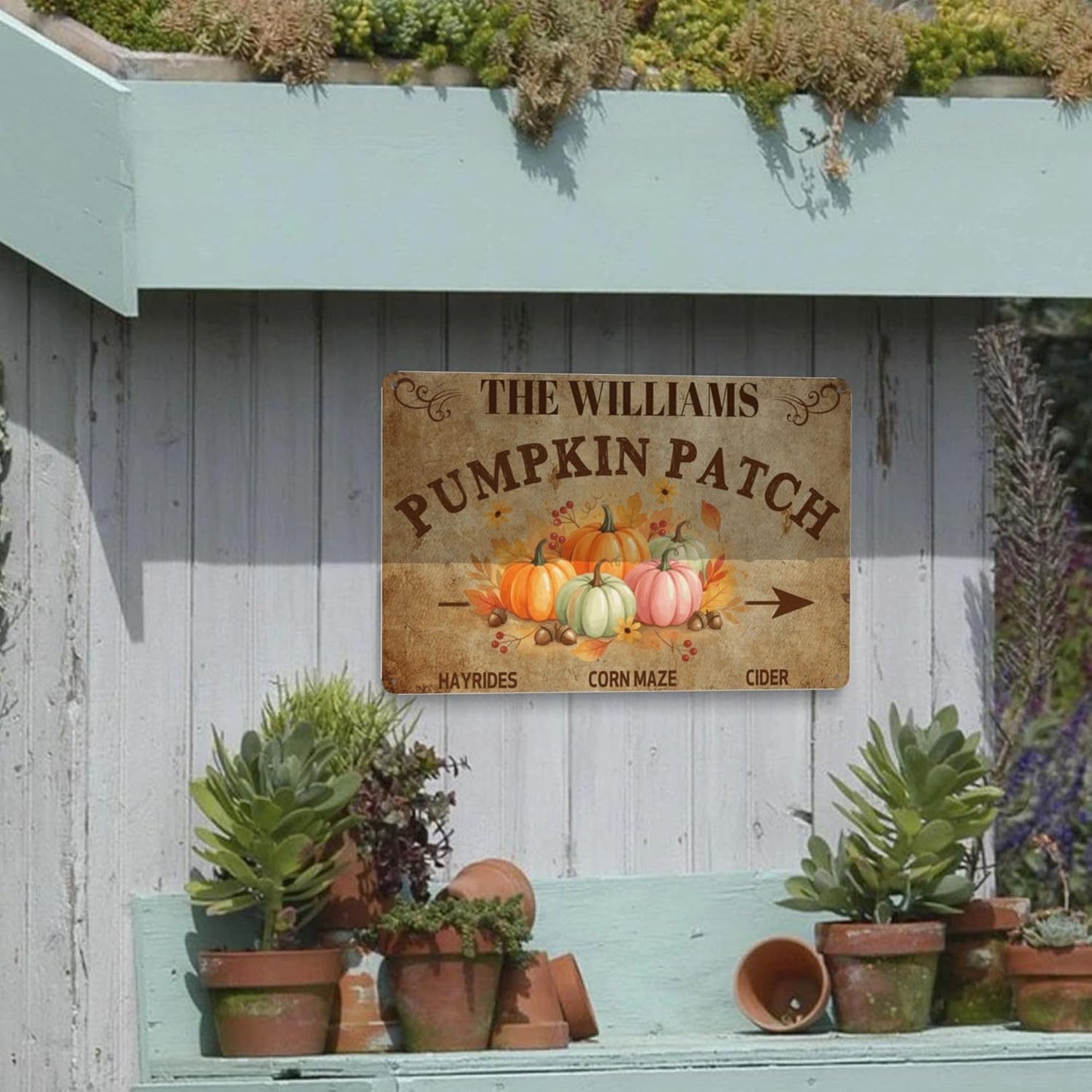 Personalized Halloween Farm Fresh Pumpkin Metal Sign Fall Decor with Family Name Text Custom Pumpkin Patch Farm Signs for Fall Thanksgiving Garden Farmhouse Wall Decoration