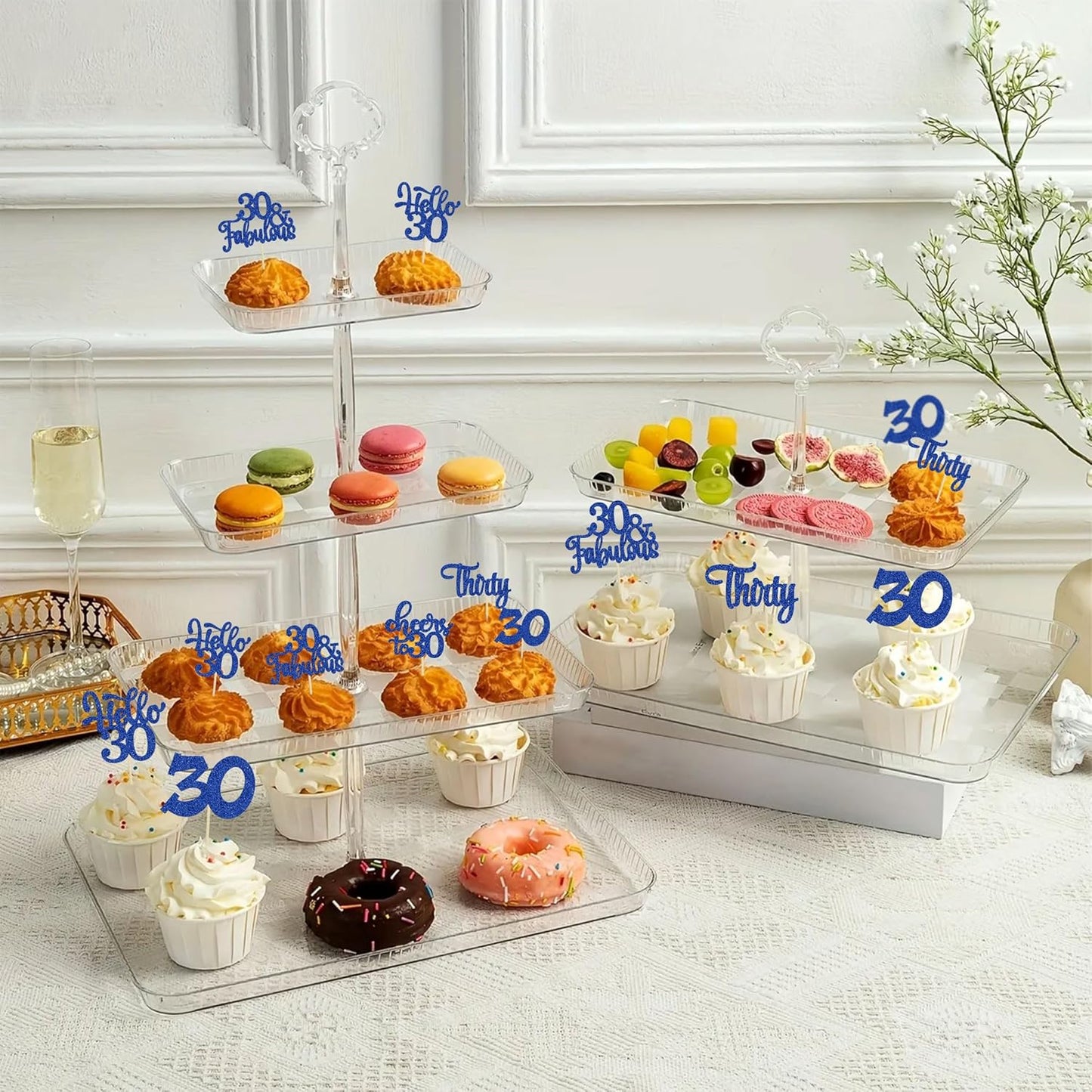 30Pcs Happy 30th Birthday Cupcake Toppers Deep Blue Glitter Thirty Cheers to 30 Birthday Cupcake Picks for Happy 30th Birthday Anniversary Party Cake Decorations Supplies