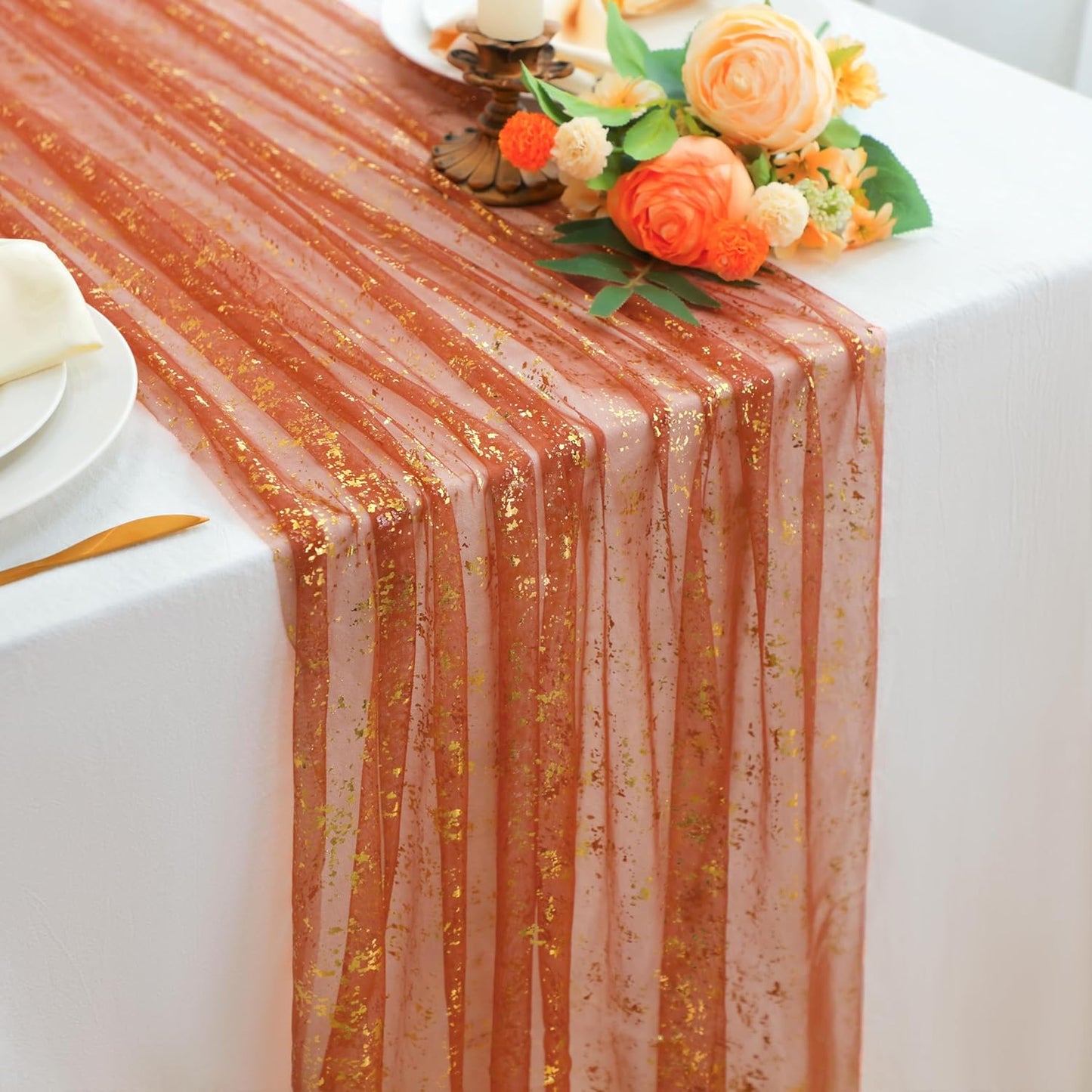 Snowkingdom 10 FT Fall Thanksgiving Table Runner Terracotta Gold Table Runner Burnt Orange Rust Sheer Chiffon Gauze Cheesecloth Golden Sequin Metallic Boho Table Decorations for Wedding Birthday