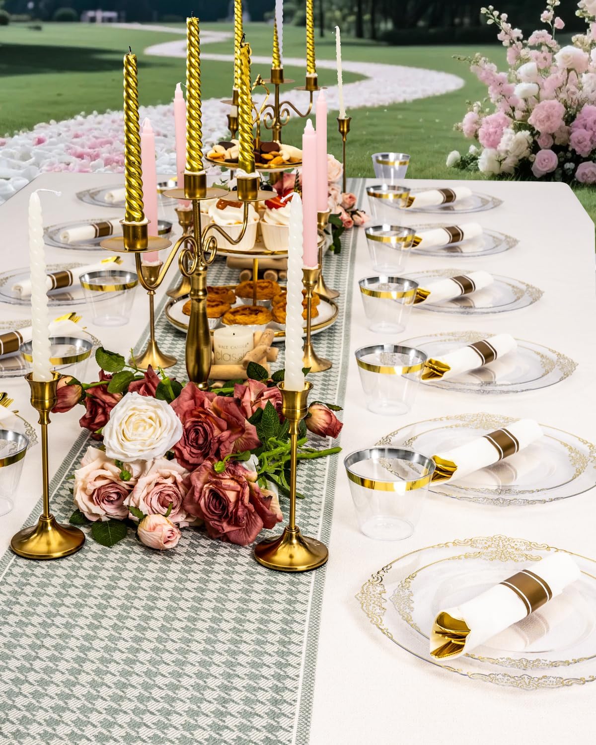 Goodluck 350 Piece Clear Gold Plastic Dinnerware Set for 50 Guests, Fancy Disposable Plates, Include: 100 Gold Rim Plastic Plates, 150 Silverwares, 50 Pre Rolled Napkins, 50 Cups for Party, Wedding