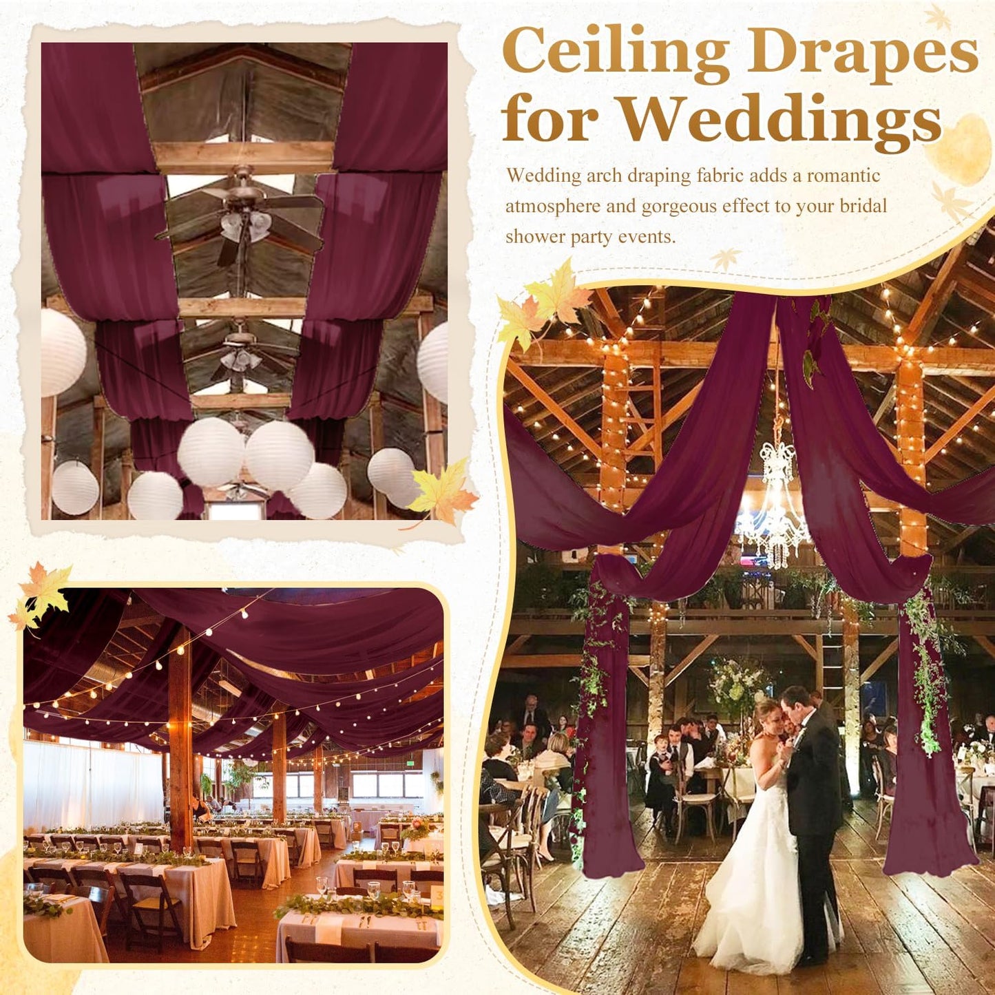 MODFUNS Burgundy Ceiling Drapes for Weddings 5FTx20FT 2 Panels Sheer Wedding Arch Draping Chiffon Fabric Ceiling Drapery Arbor Archway Drapes Tulle Curtains for Ceremony Swag Wedding Decorations