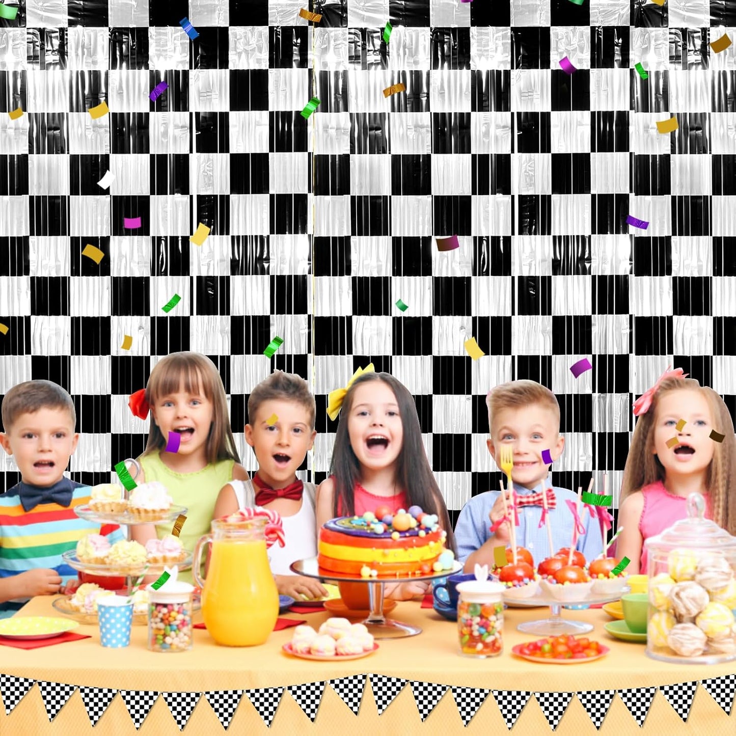 3 Pack 3.3Ft x 6.6Ft Race Car Checkered Foil Fringe Curtain Backdrop Decorations, Black White Metallic Tinsel Foil Streamers Curtain Photo Booth for Race Car One Happy Dude Birthday Party Decorations