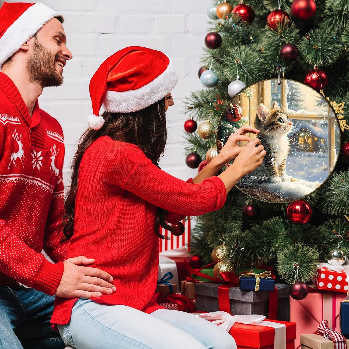 Round Christmas Sign Cats Vintage Metal Sign Christmas Kitten Retro Tin Sign Wall Decor for Home Office Bar Club Man Cave 12 * 12 in