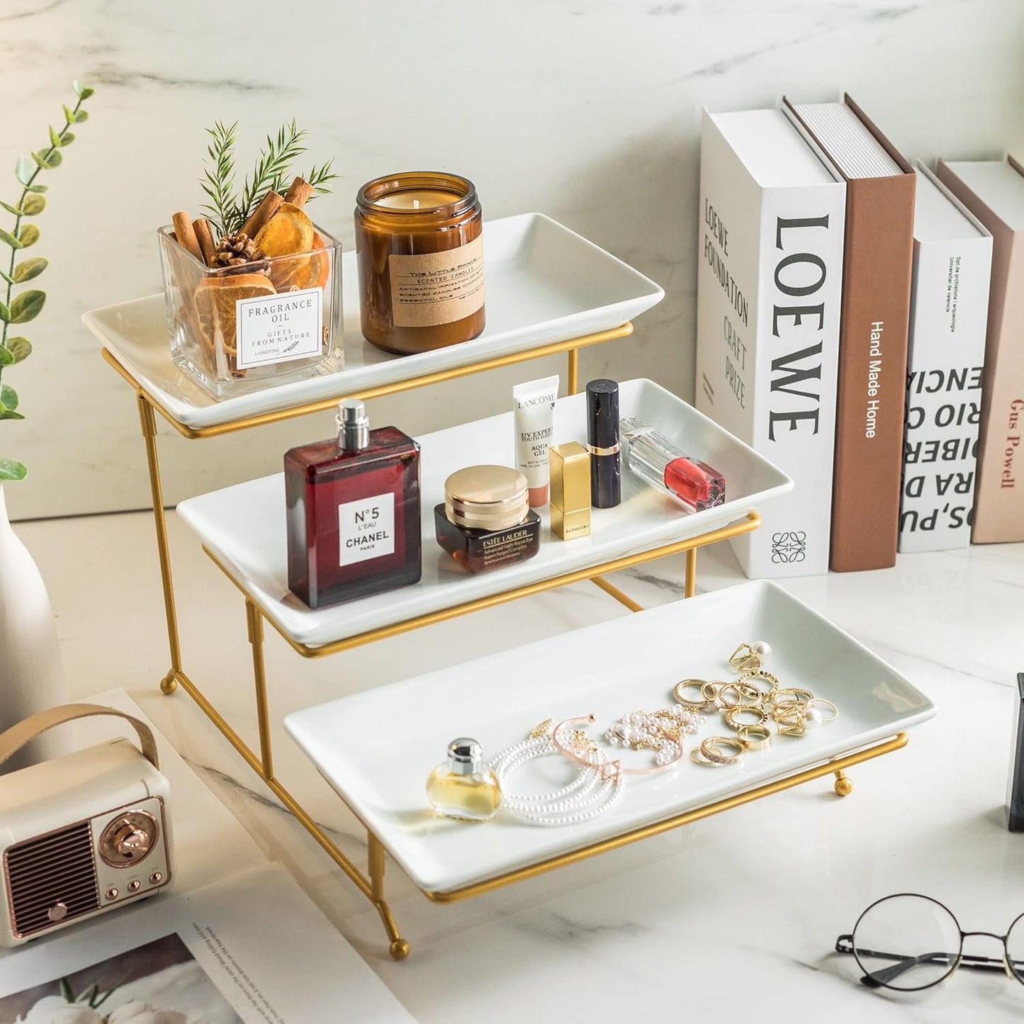 YHOSSEUN Large 3 Tier Serving Tray with Serving Stand, Serving Dishes for Entertaining, Tiered Serving Tray for Valentines Day, Suitable for Dessert Table Display Set Catering Supplies, 12 inch Gold