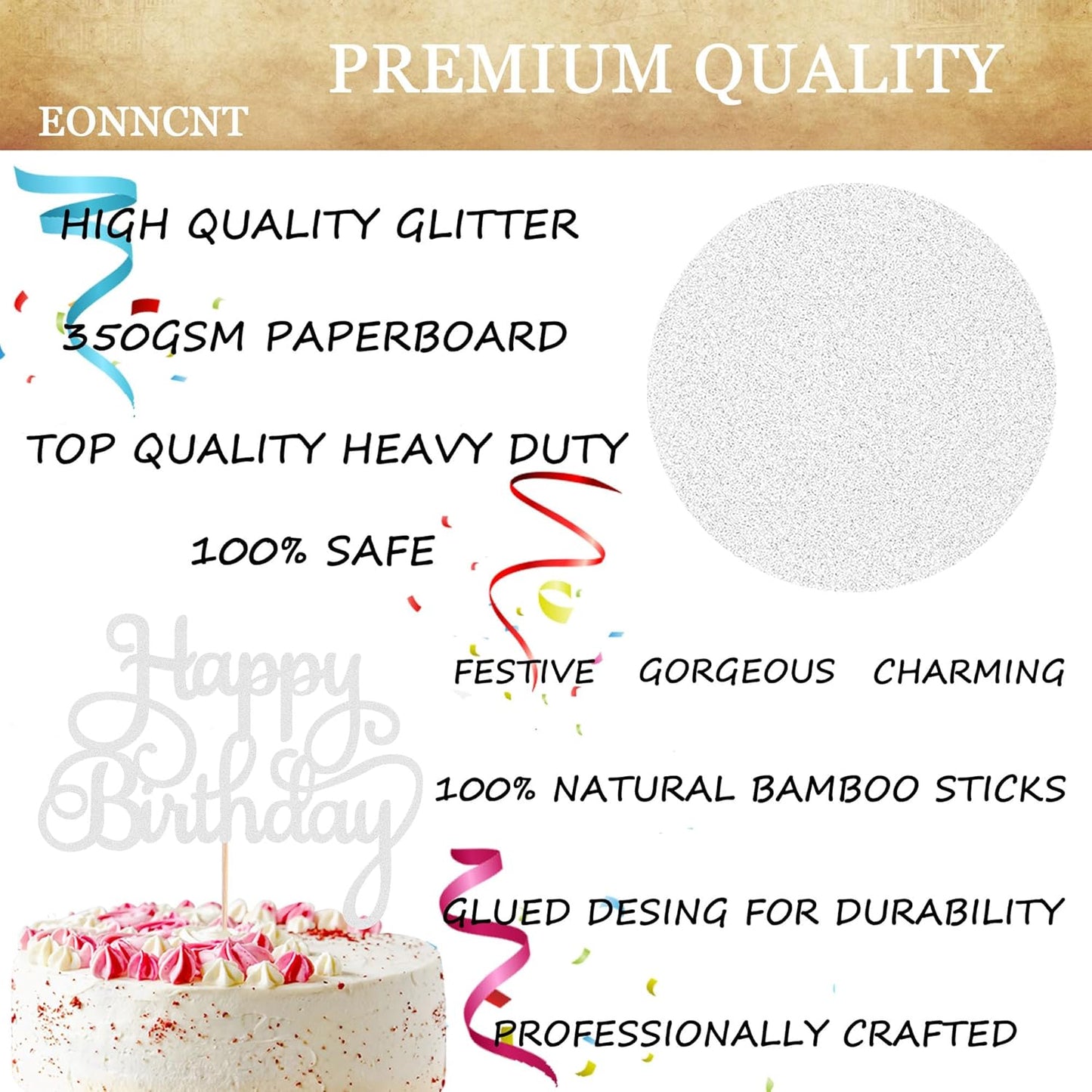 Happy Birthday Cake Topper - Silver Glitter Birthday Party Cake Decoration Supplies - Happy Birthday Cake Decor, for Anniversary/Birthday Party Supplies Photo Booth Props