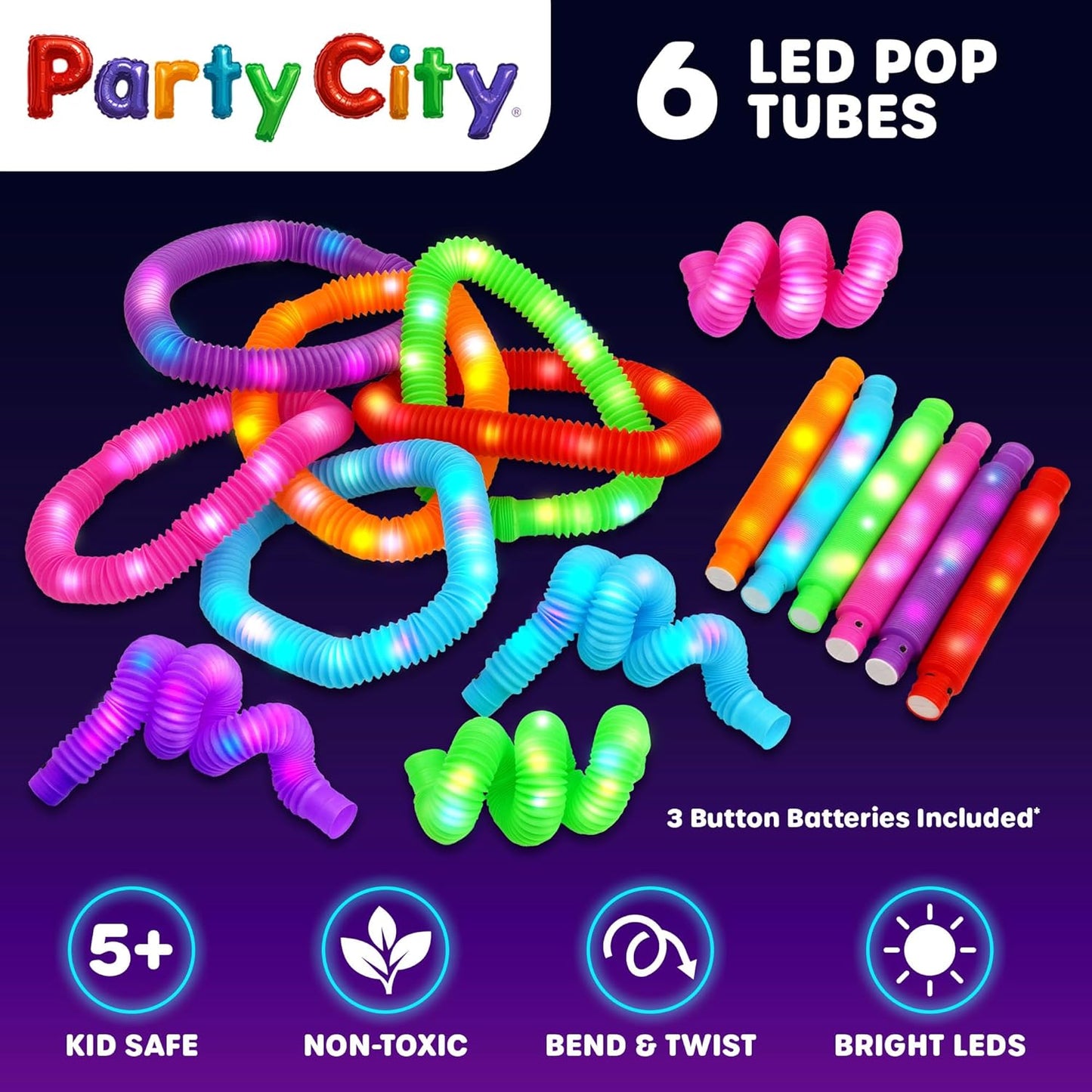 Party City 6pk LED Light Up Pop Tubes 25”- 3 Mode Stretchy Tubes LED Light Up Toys Bulk Glow Sticks Party Favors for Kids Necklaces Bracelets Neon Glow in the Dark Supplies Fidget Sensory Tube Pack