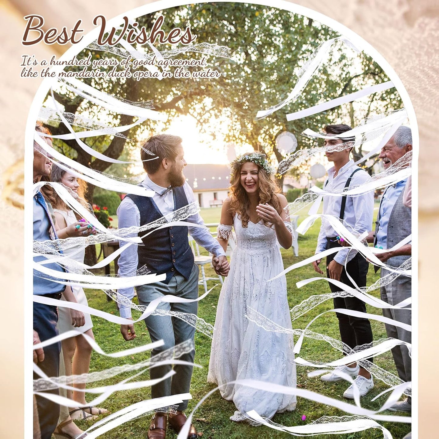 Taiyin 150 Pcs Lace Ribbon Stick Wands Wedding Wand Streamers with Bell Silk Ribbon Fairy Wand Wedding Send Off Streamer for Baby Shower Holiday Party Favors(White)