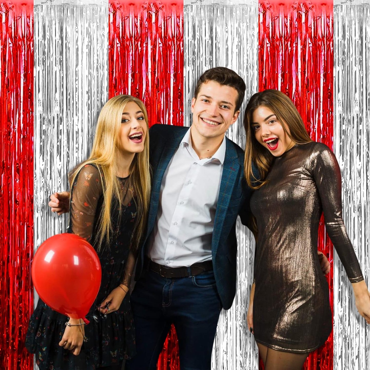 4 Pack Silver Red Foil Fringe Curtain Backdrop, 3.28Ft x 9.8Ft Metallic Tinsel Foil Fringe Streamers Curtains for Photo Booth, Wedding, Circus Welcome Carnival Birthday Party Decoration