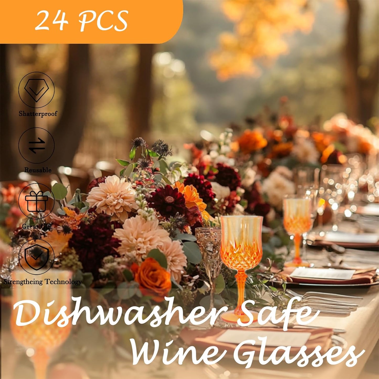 Plastic Wine Glasses,Orange Goblets Vintage Style Cordial Drinking Glasses for Wedding Reception, Halloween Grand Event Party Supplies (24, Pumpkin orange)