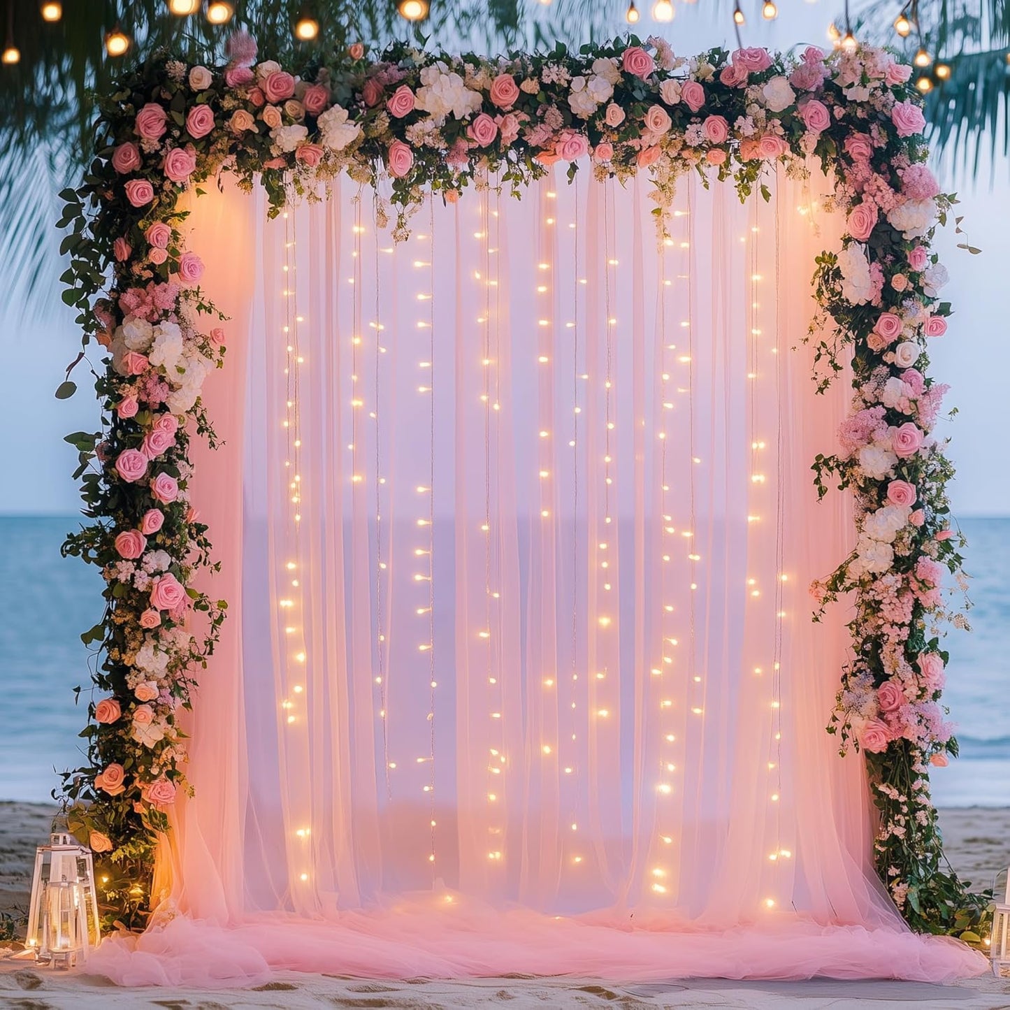 Fomcet Peach Tulle Backdrop Curtains with Lights String 10FT X 10FT Sheer Curtain with Lights for Backdrop Tulle Curtain for Wedding Birthday Party Photo Shoot (2 Panels 5x10FT)