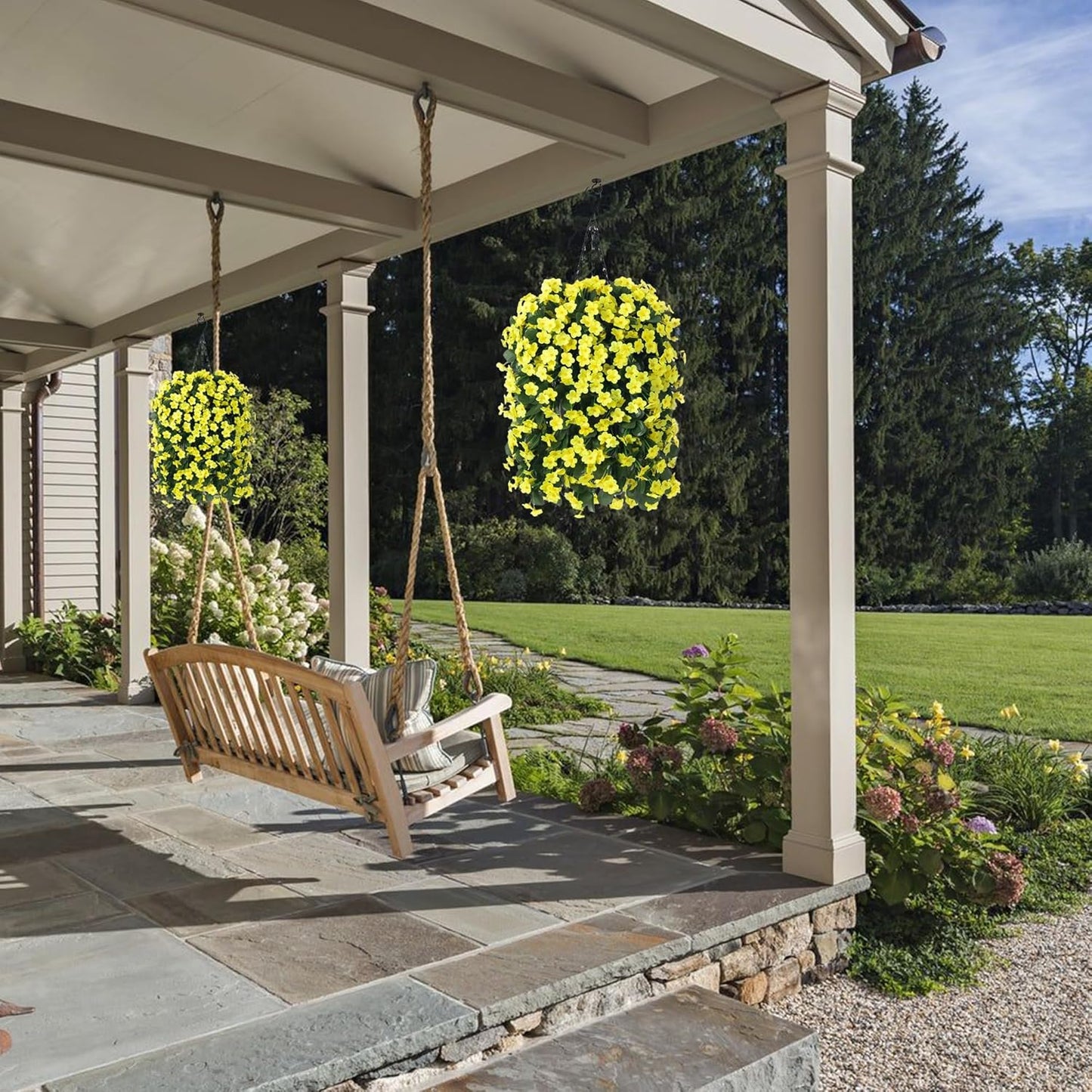 HyeFlora Artificial Fake Hanging Outdoor Flowers Plants Basket, Faux Silk Yellow Orchid Flowers UV Resistant Realistic Hanging Planter for Outside Porch Patio Home Garden Yard Decoration