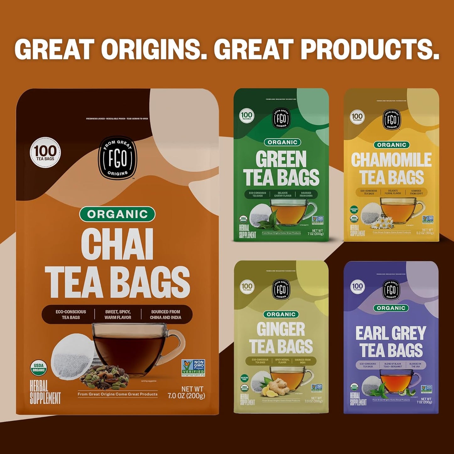 FGO Organic Chai Tea, 100 Count, Eco-Conscious Tea Bags, Resealable Bag, Packaging May Vary (Pack of 1)
