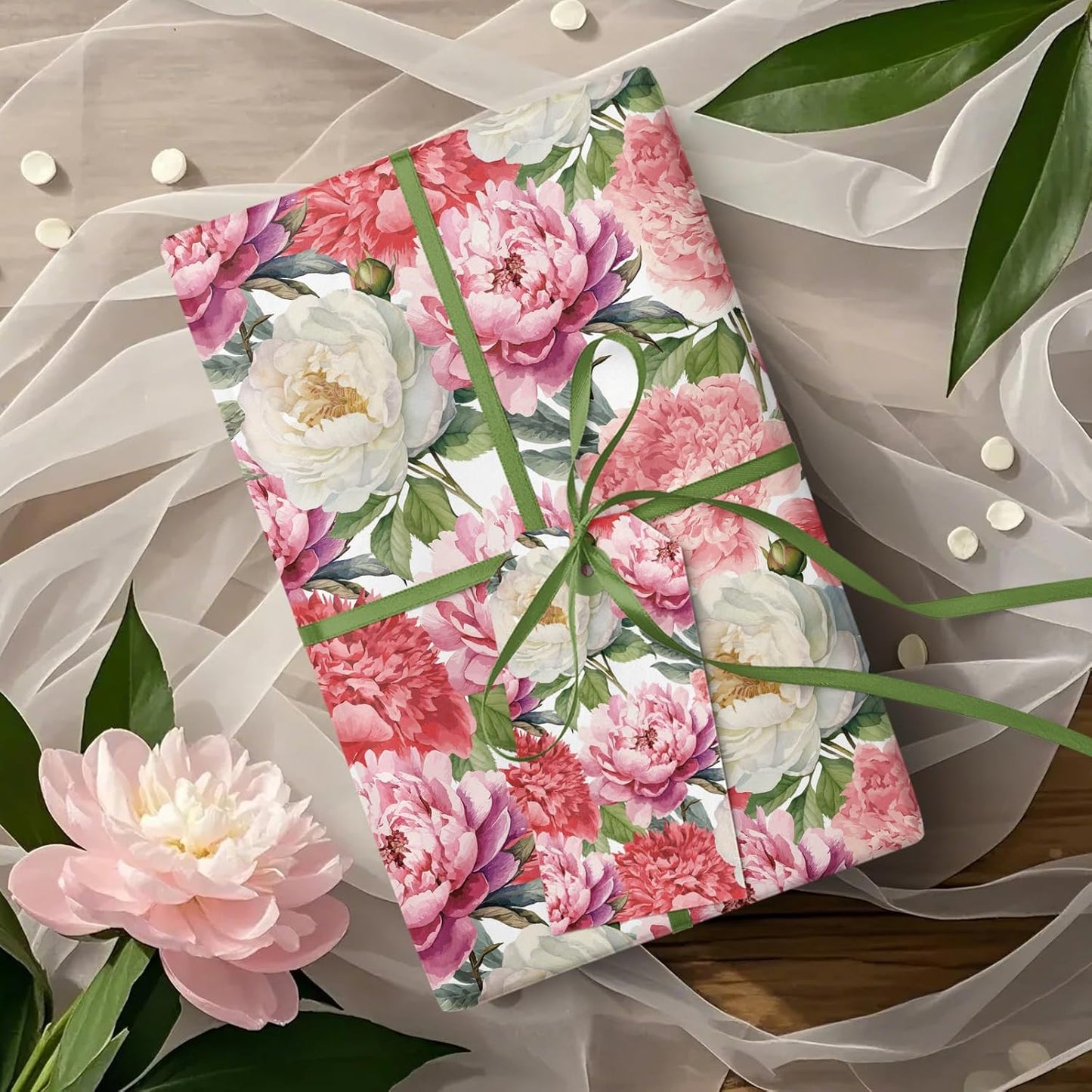 WRAPAHOLIC Floral Wrapping Paper Roll - Mini Roll - 17 Inch x 9.8 Feet - Red Pink Flower Wrapping Paper Perfect for Girls Women Birthday, Wedding, Bridal Shower