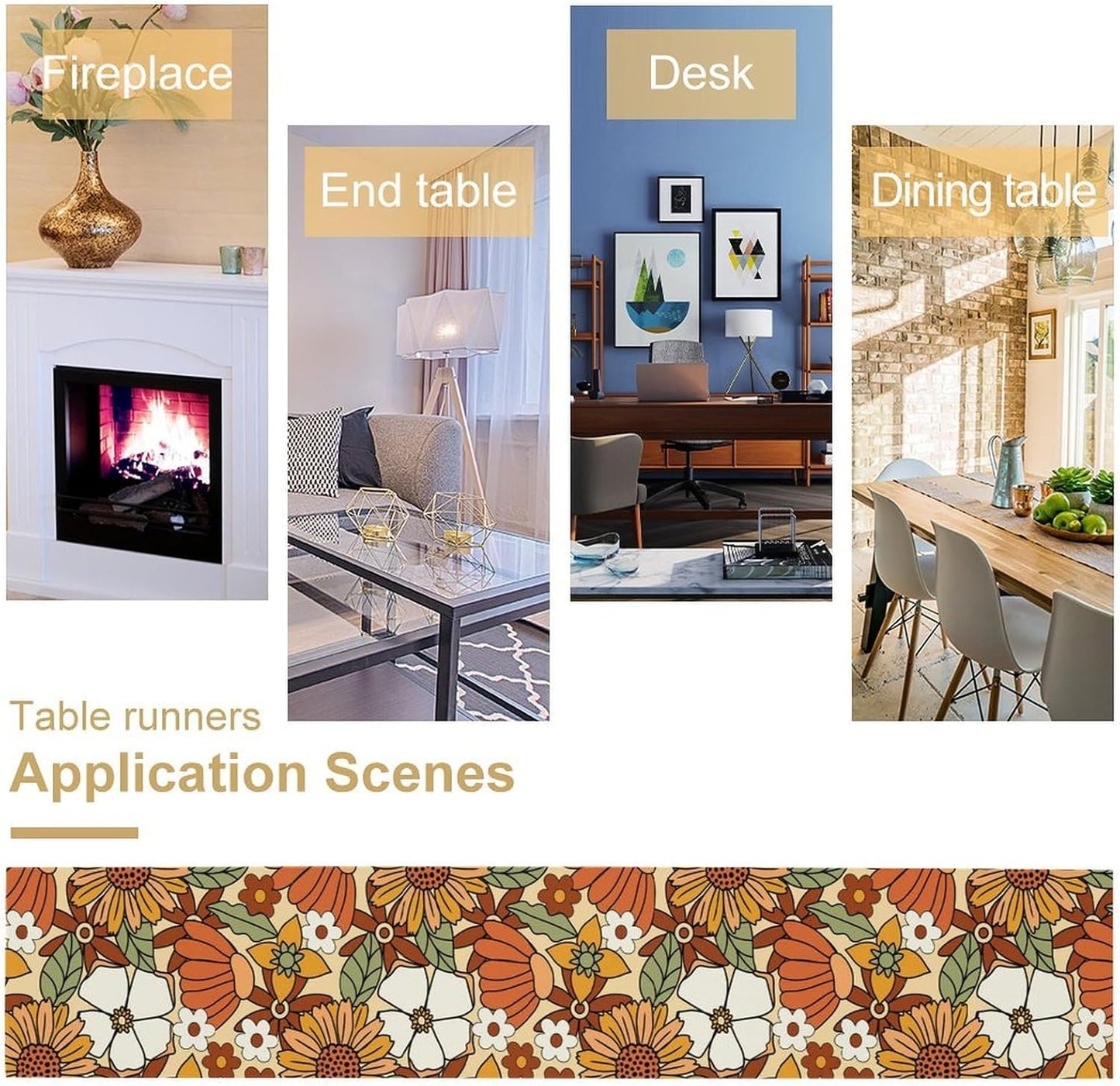 Vintage Floral Table Runner,Boho 70s Style Retro Flower Table Cloth Kitchen Dining Table Home Party Decoration 13x72 Inch