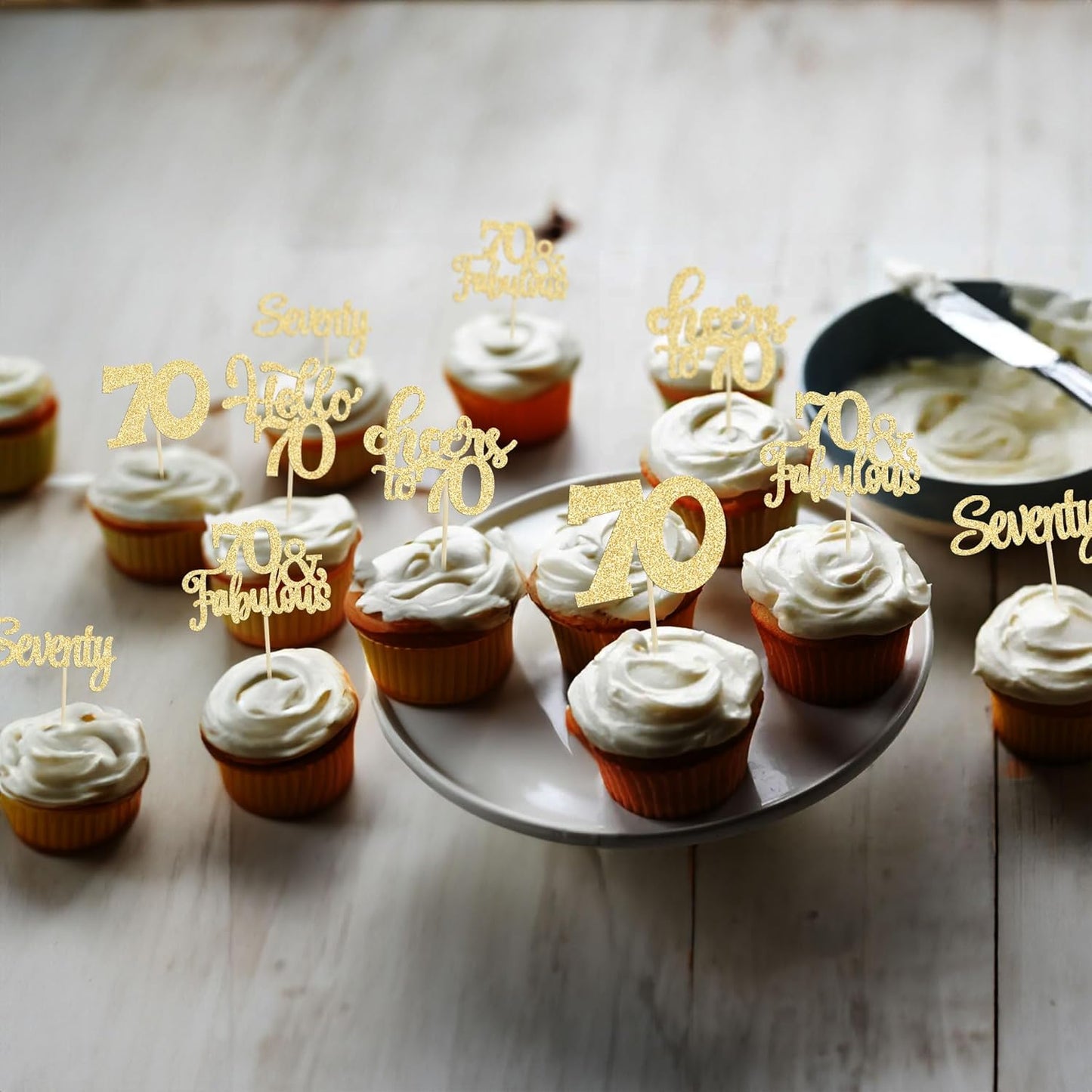 30Pcs Happy 70th Birthday Cupcake Toppers Seventy Cheers to 70 Years Old Birthday Cupcake Picks for 70th Birthday Anniversary Party Cake Decorations Supplies Gold Glitter