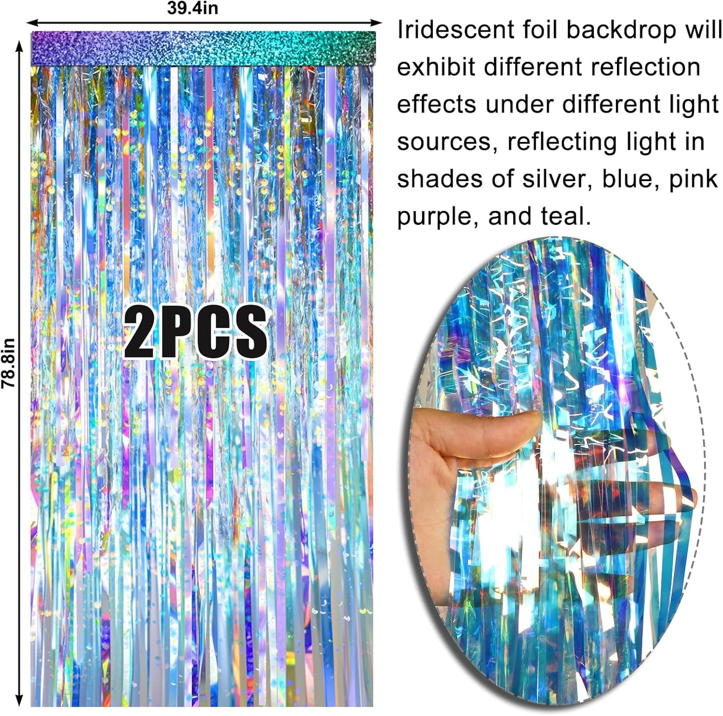 2 Packs Iridescent Foil Fringe Curtain, Neon Transparent Holographic Tinsel Backdrop for Birthday, Wedding, Baby Shower, Mermaid, Euphoria, Iridescent Party Decorations Supplies