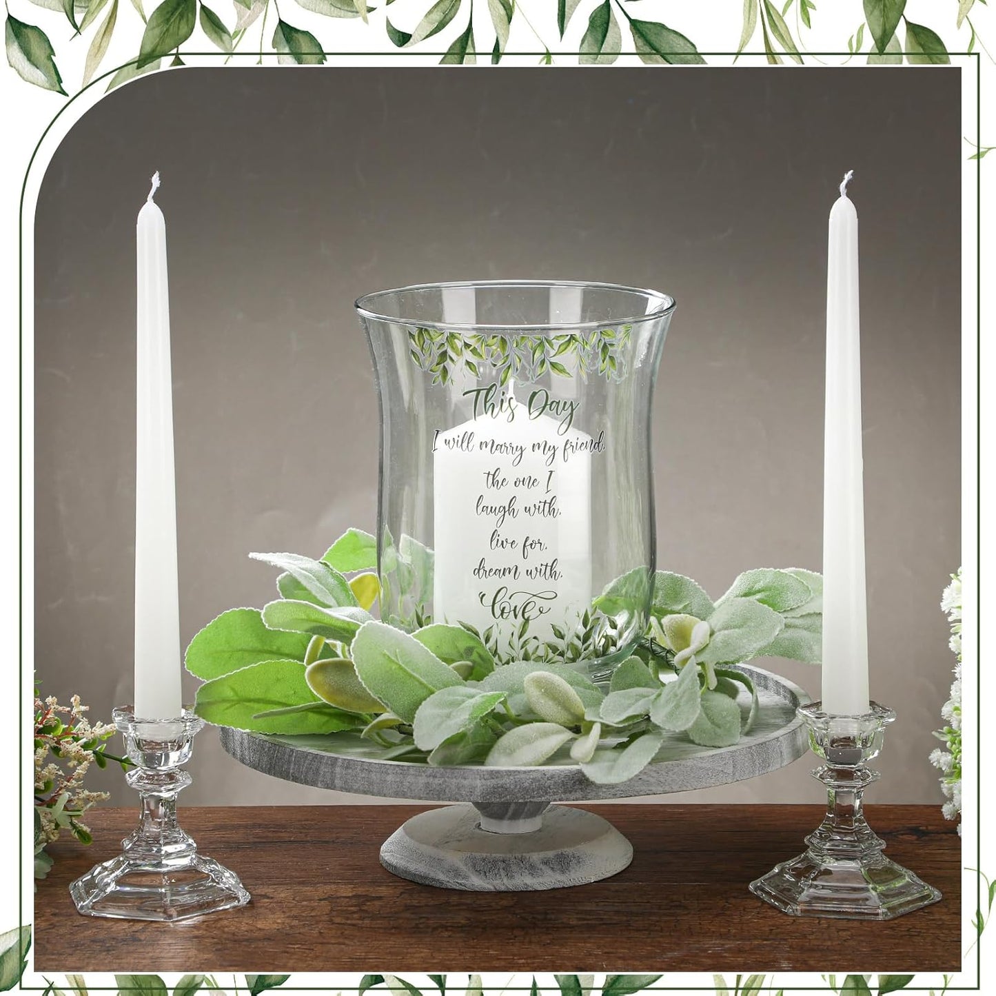 Irenare Unity Candles with Holder for Wedding Ceremony Wedding Decortions Accessories Glass Candle Holder Pillar Candle for Formal Events Church(Green Leaf)