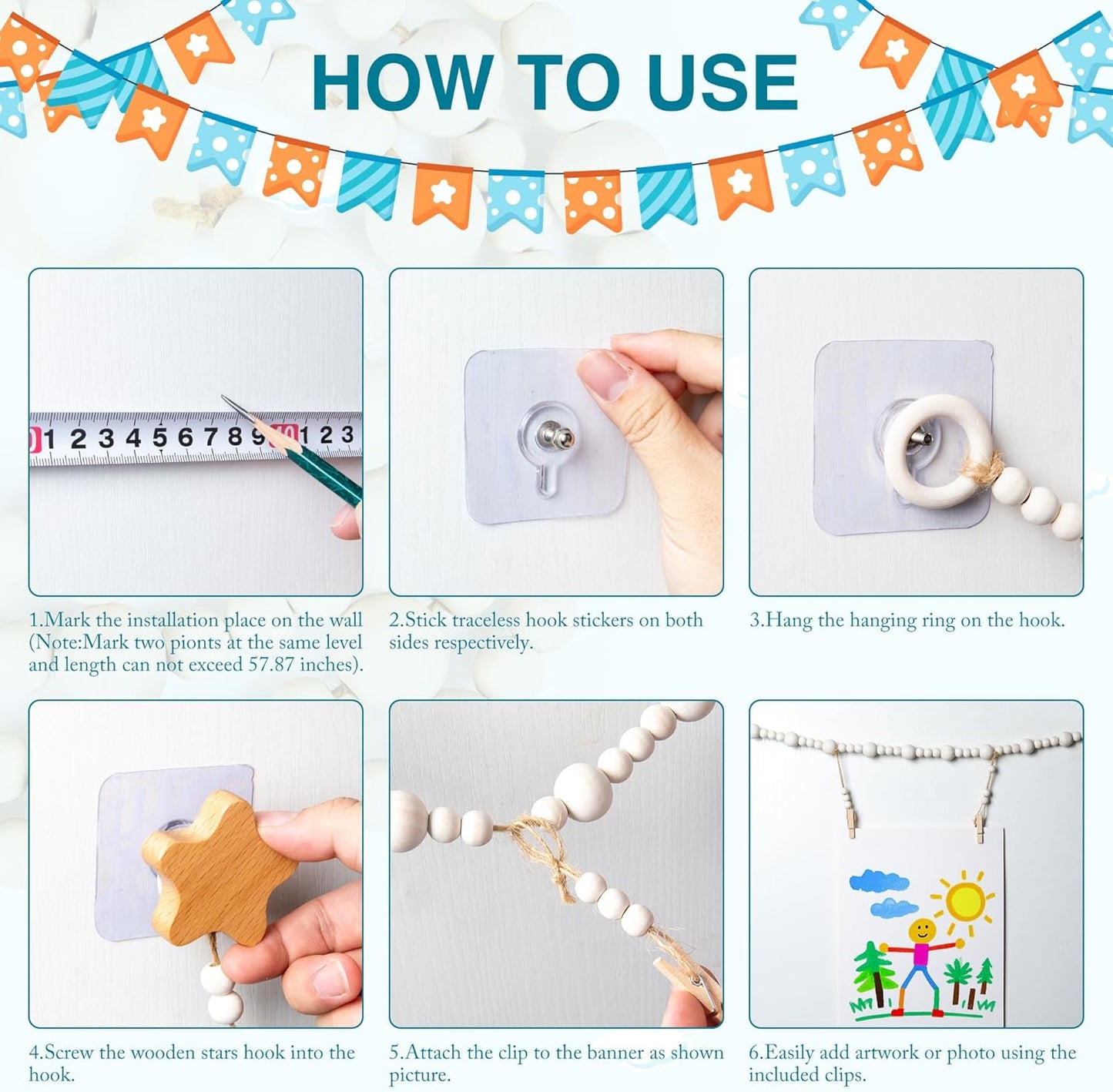 KOLLIEE Kids Artwork Display Art Wall Decor 4.93ft Boho Wooden Beaded Garland Collage Holder with Hanging Rings Wooden Stars Hook 40 Wood Clips for Kids Artwork Photo Room Bedroom Decor