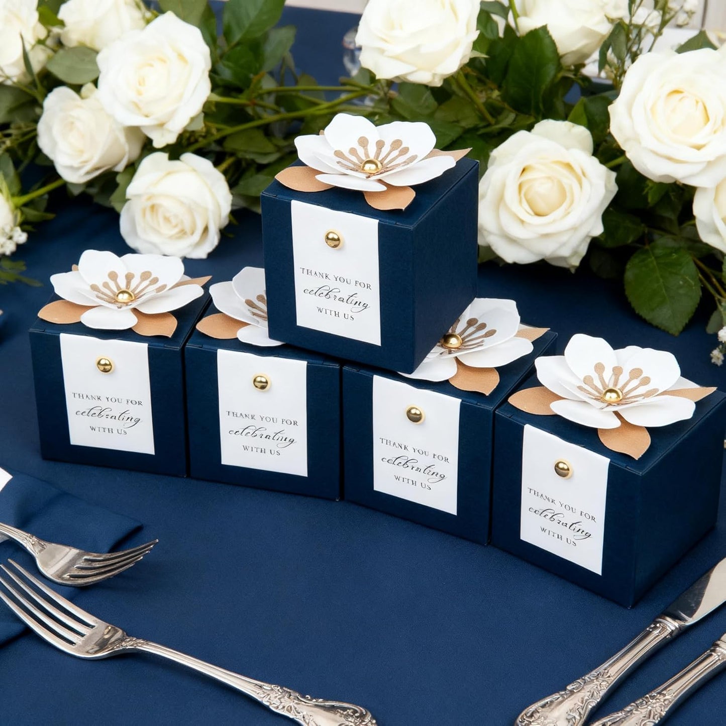 FEIYI 20 PCS Candy Boxes, 3 In 1 Navy Blue Favor Boxes with Floral Decor, White Thank You Tags Gift wrapping for Wedding Birthday Baby Shower Decorations Party -2.55x2.55x2.55''