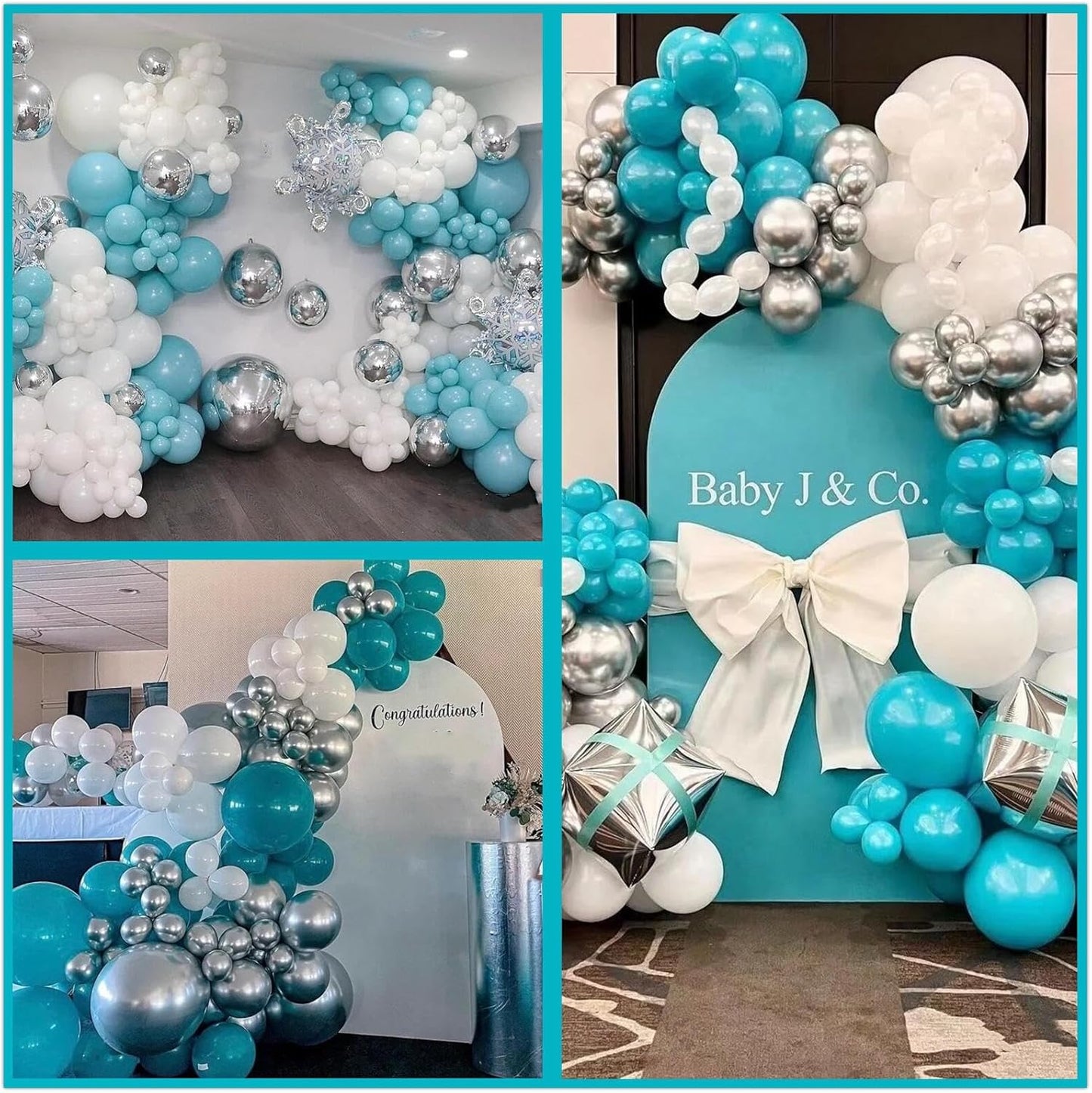 412Pcs Teal Silver White Balloon Garland Arch Kit, 18 12 10 5 Inch Different Size White Metallic Silver Teal Balloons Balloons,for Birthday Party Graduation Baby Shower Wedding Holiday Decoration