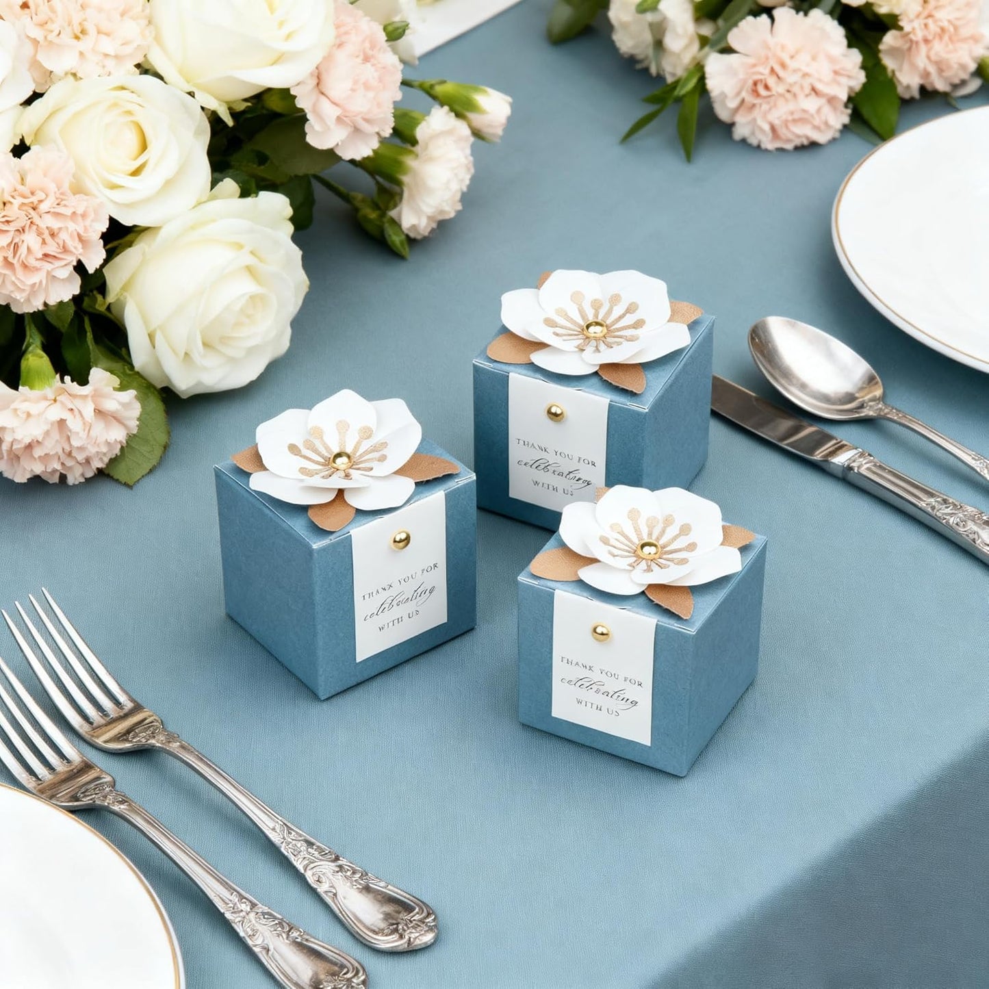 FEIYI 20 PCS Candy Boxes, 3 In 1 Dusty Blue Favor Boxes with Floral Decor, White Thank You Tags Gift wrapping for Wedding Birthday Baby Shower Decorations Party -2.55x2.55x2.55''