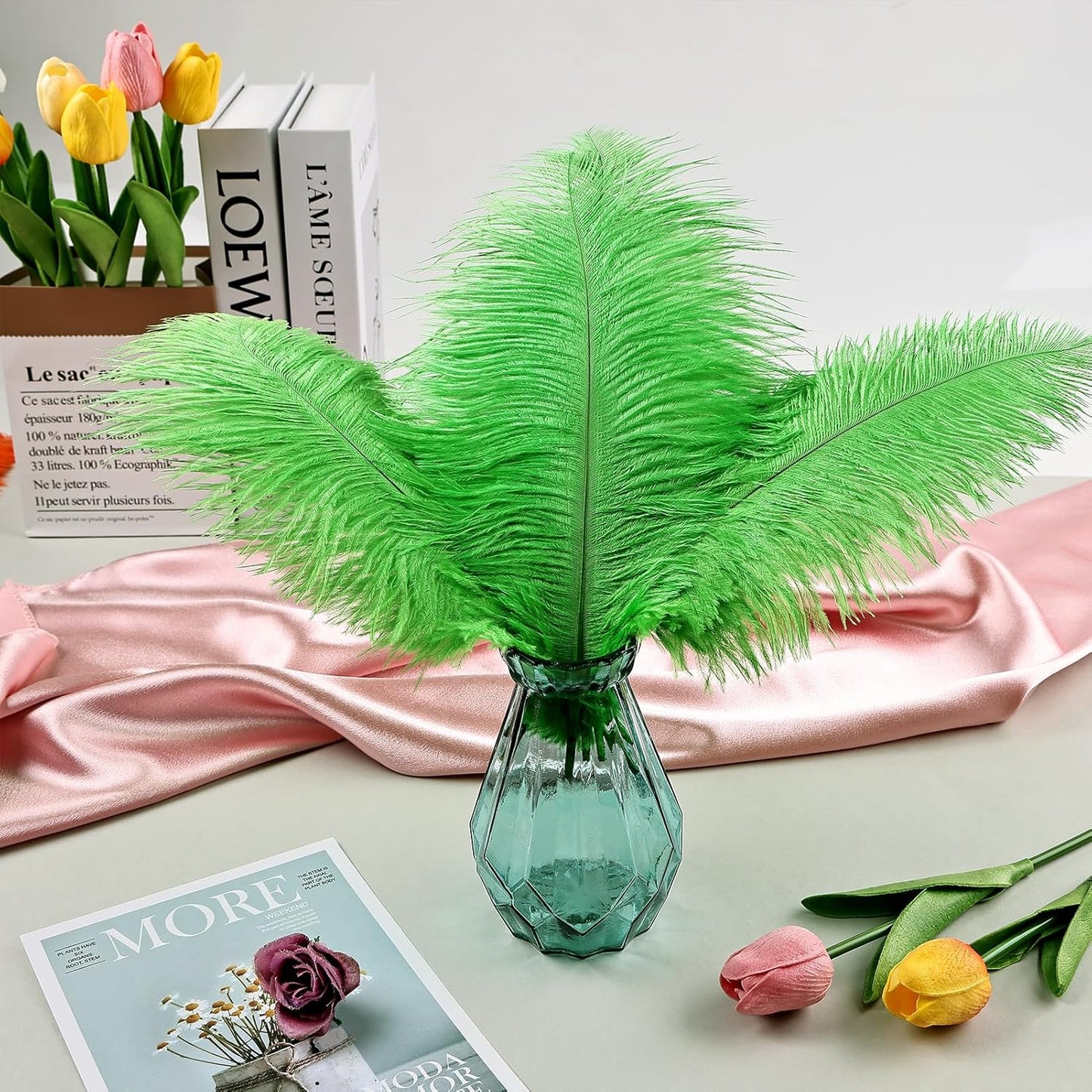 THARAHT Green Ostrich Feathers 24pcs Natural Bulk 10-12Inch 25cm-30cm for Crafts Wedding Party Centerpieces Mardi Gras and Home Decoration Feathers