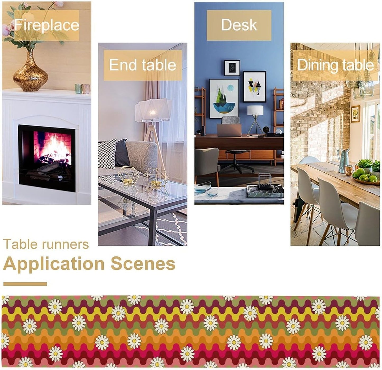 Vintage Floral Table Runner,60s 70s Colorful Retro Abstract Hippie Print Table Runner for Kitchen Dining Table Home Party Decoration 13x120 Inch