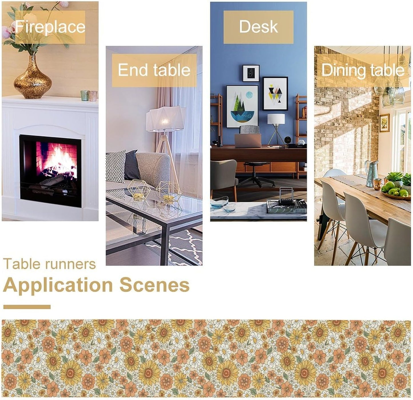 Vintage Floral Table Runner,Boho 70s Style Retro Daisies Flower Table Runner for Kitchen Dining Table Home Party Decoration 13x60 Inch