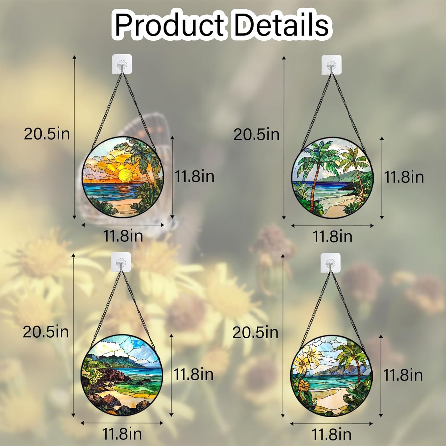 Stained Glass Window Hanging 4 Pcs Set Blue Ocean Coconut Tree Scenery Large 11.8" - Suncatcher Door Garden Sun Catcher Decor Birthday Christmas for Mom Woman Nana Men