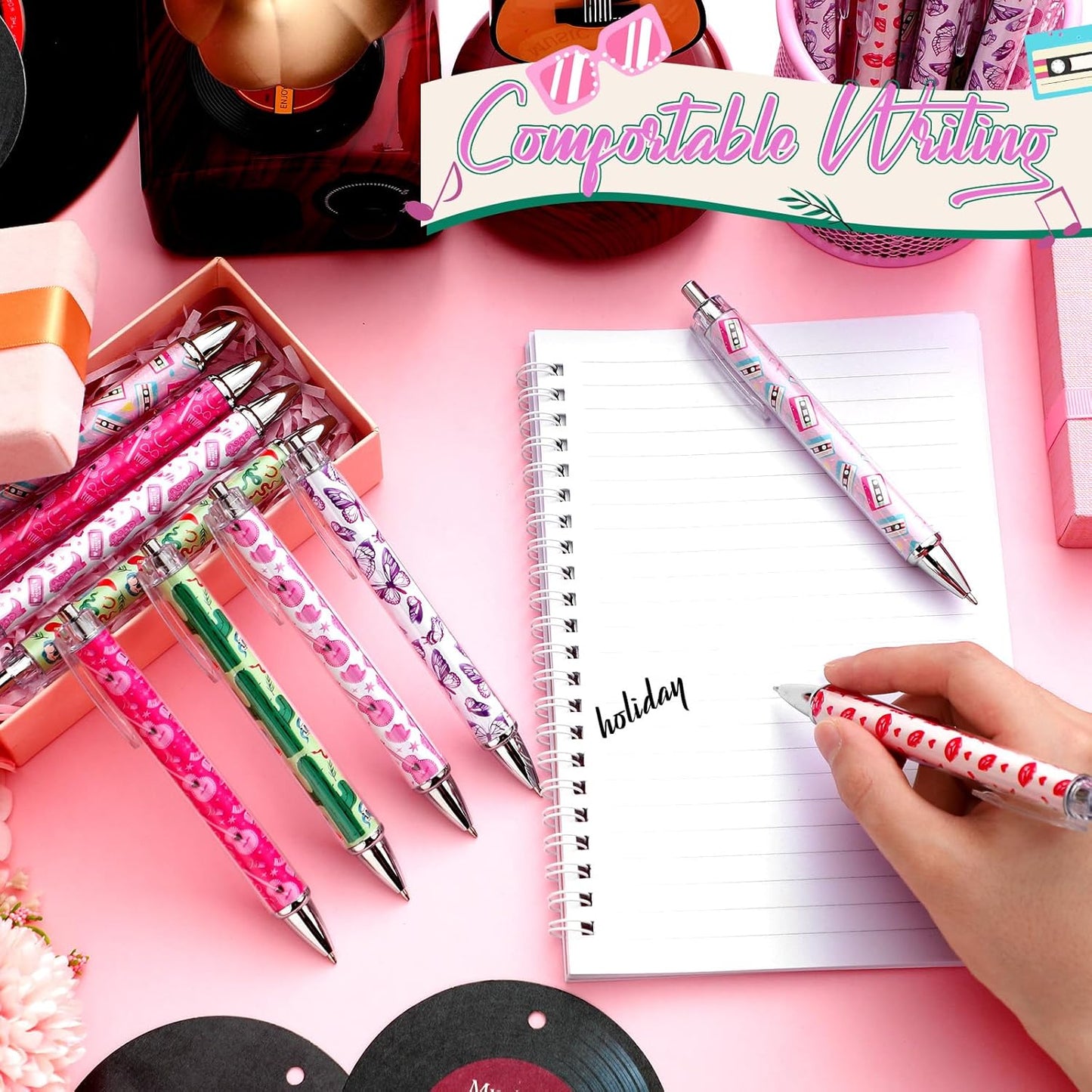 24 Pcs Pink Party Gifts Pens Concert Birthday Party Favors Music Ballpoint Pens Singer Guitar Pop Lover Gifts for Women Fans Bachelorette Decorations Supplies