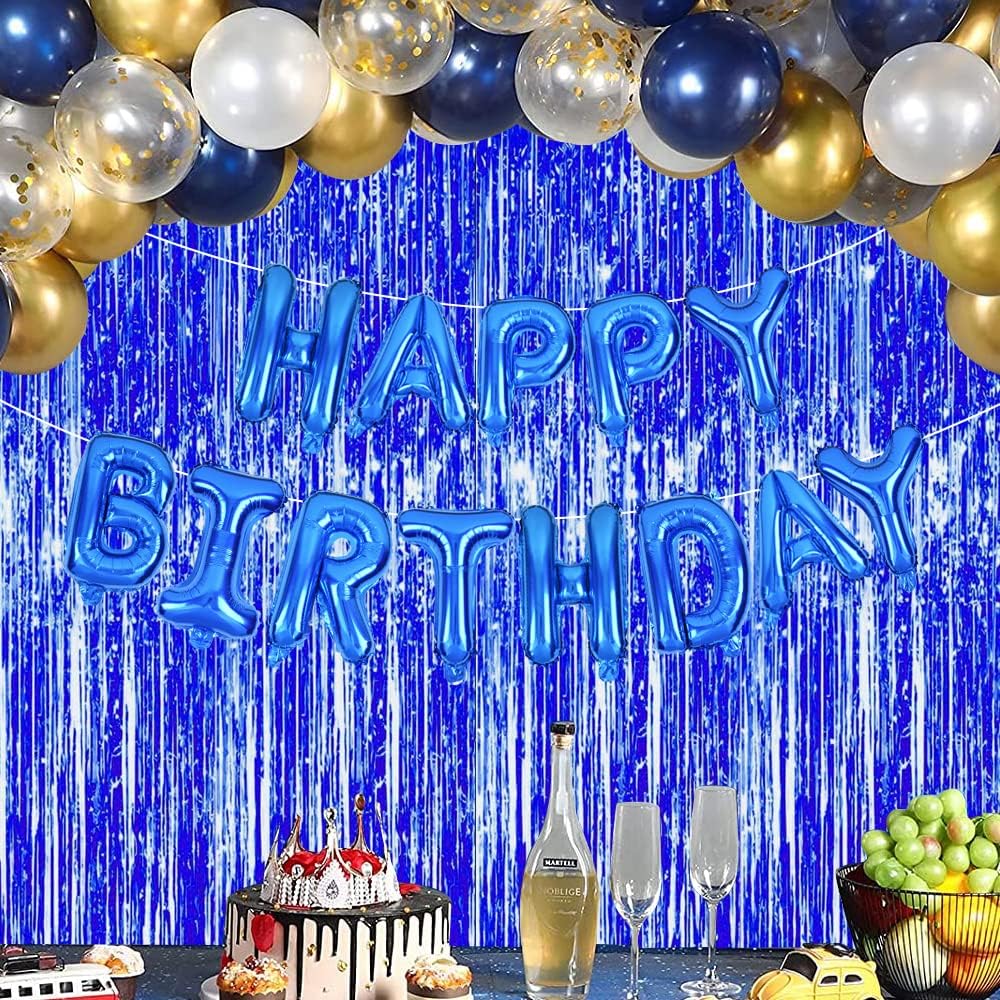 3 Pcs Blue Tinsel Foil Fringe Curtains,3.28ft x 6.56ft Gold Photo Booth Backdrop Streamer Curtain,Photo Booth Props,Ideal Bachelorette Party Supplies, Birthday, Christmas,New Year Decorations…