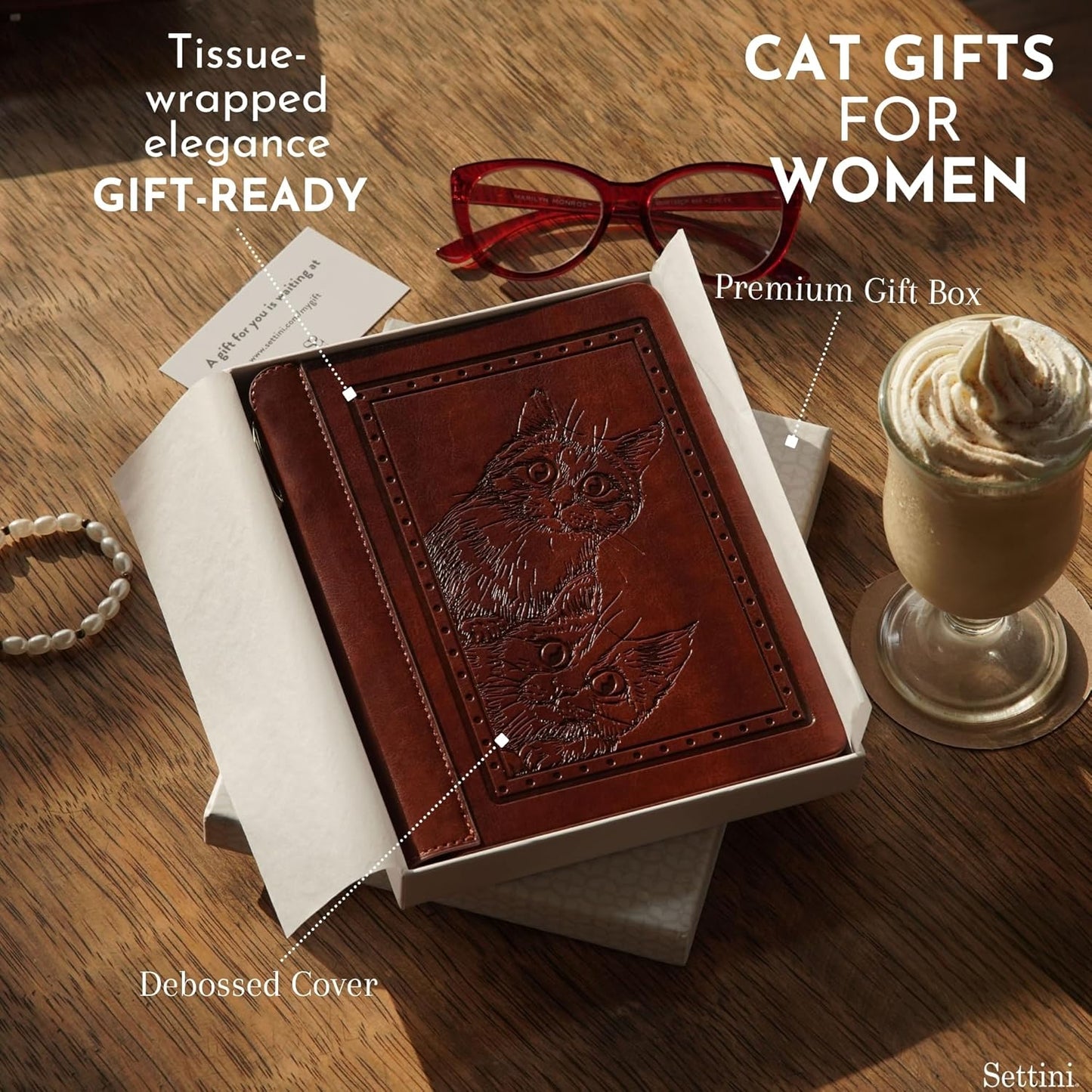 SETTINI® Lined Journal - Cat Journal for Writing Gift Set - Hardcover Vegan Leather, Includes Luxury Pen in a Unique Pen Holder, 192 Pages, 6 x 8.5 inches, Birthday Gift