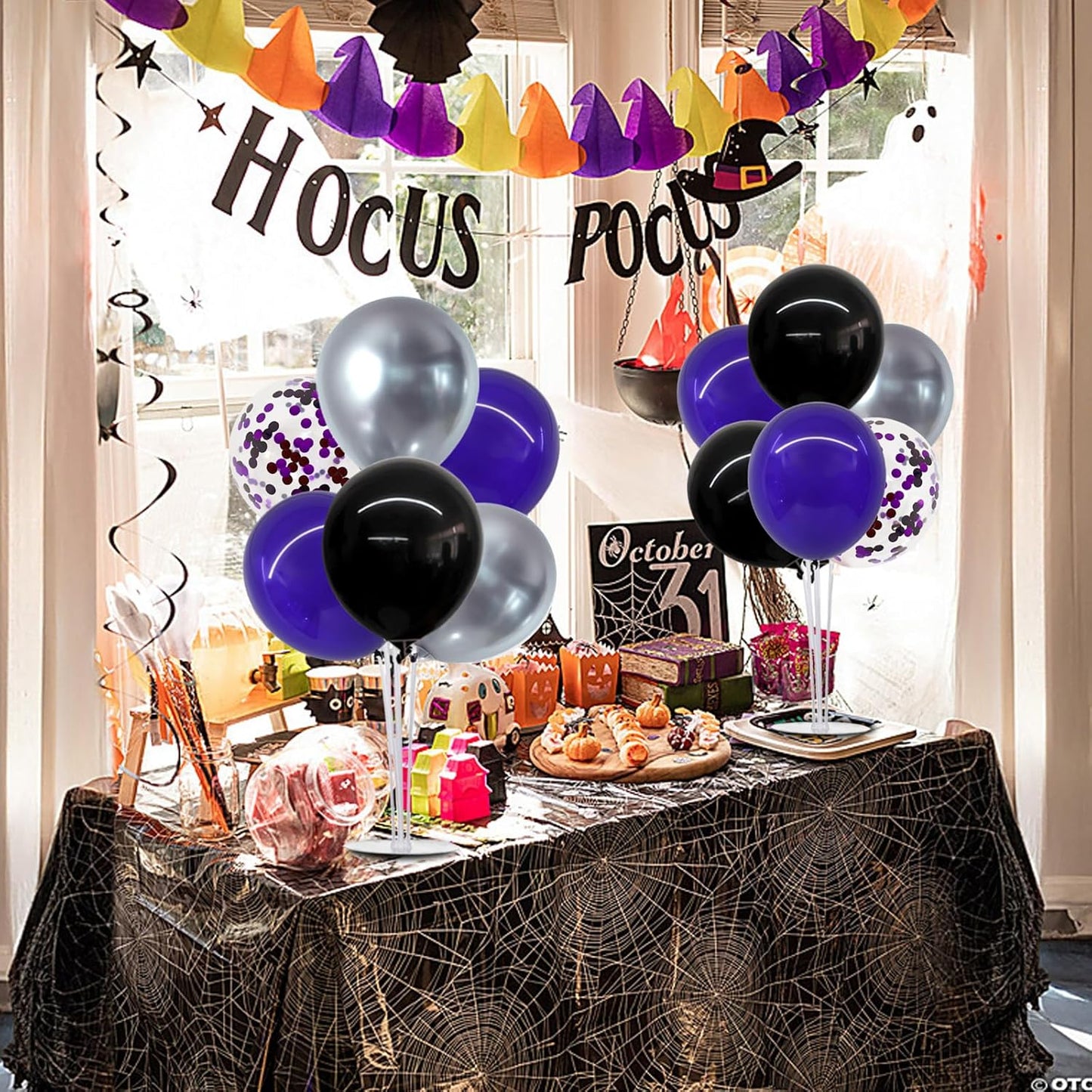 TONIFUL Halloween Balloons Black Silver Purple Confetti Balloons Stand Centerpiece Table Decorations for Birthday,Halloween Party Decoration Bar,Anniversary,Graduation Decoration 2025(4 Set)