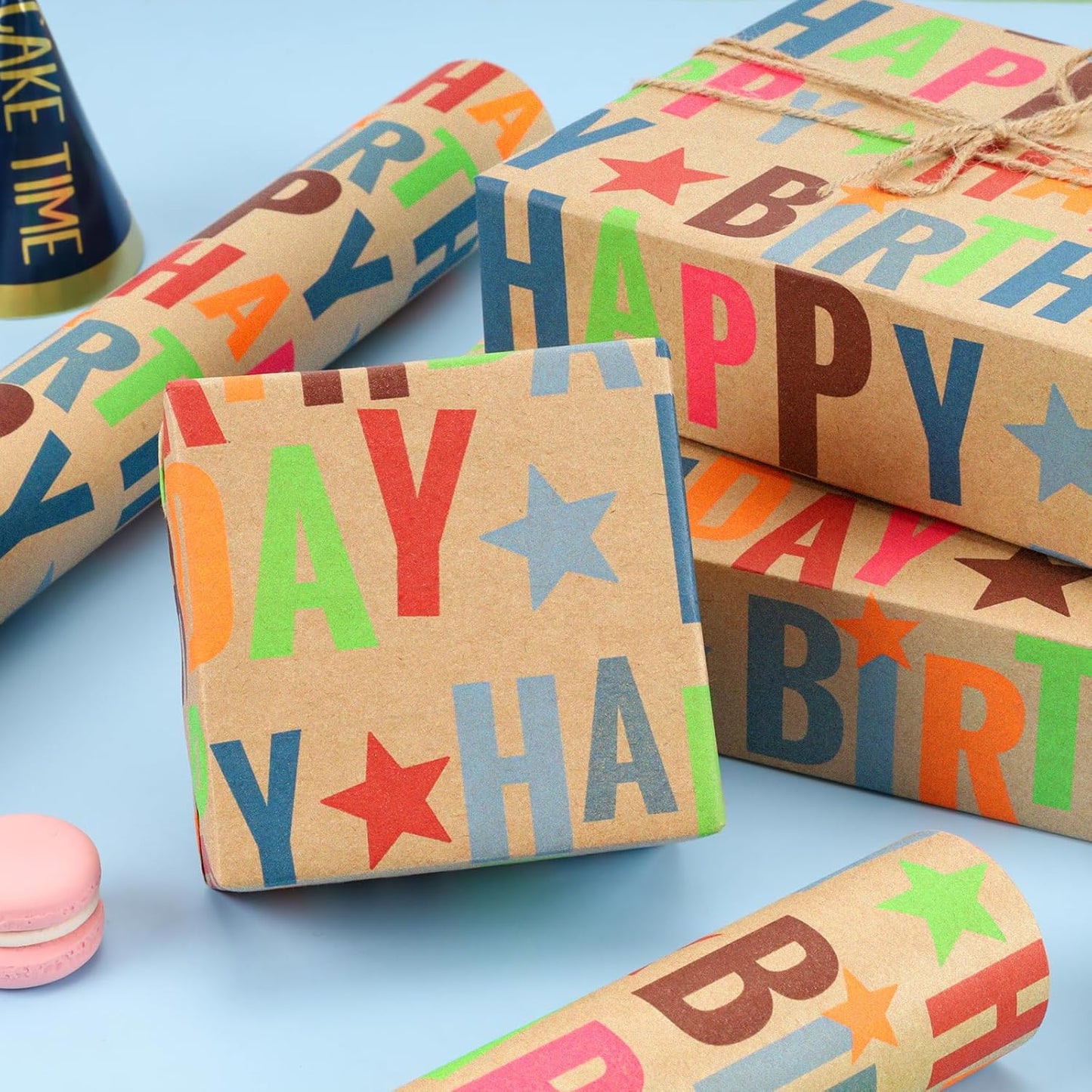 LaRibbons Birthday Wrapping Paper Jumbo 24 Inch x 417 Feet(834 sq. ft. ttl.) Half Ream Kraft Gift Wrap Paper with Colorful Text Happy Birthday Pattern for Baby Shower Holiday Party
