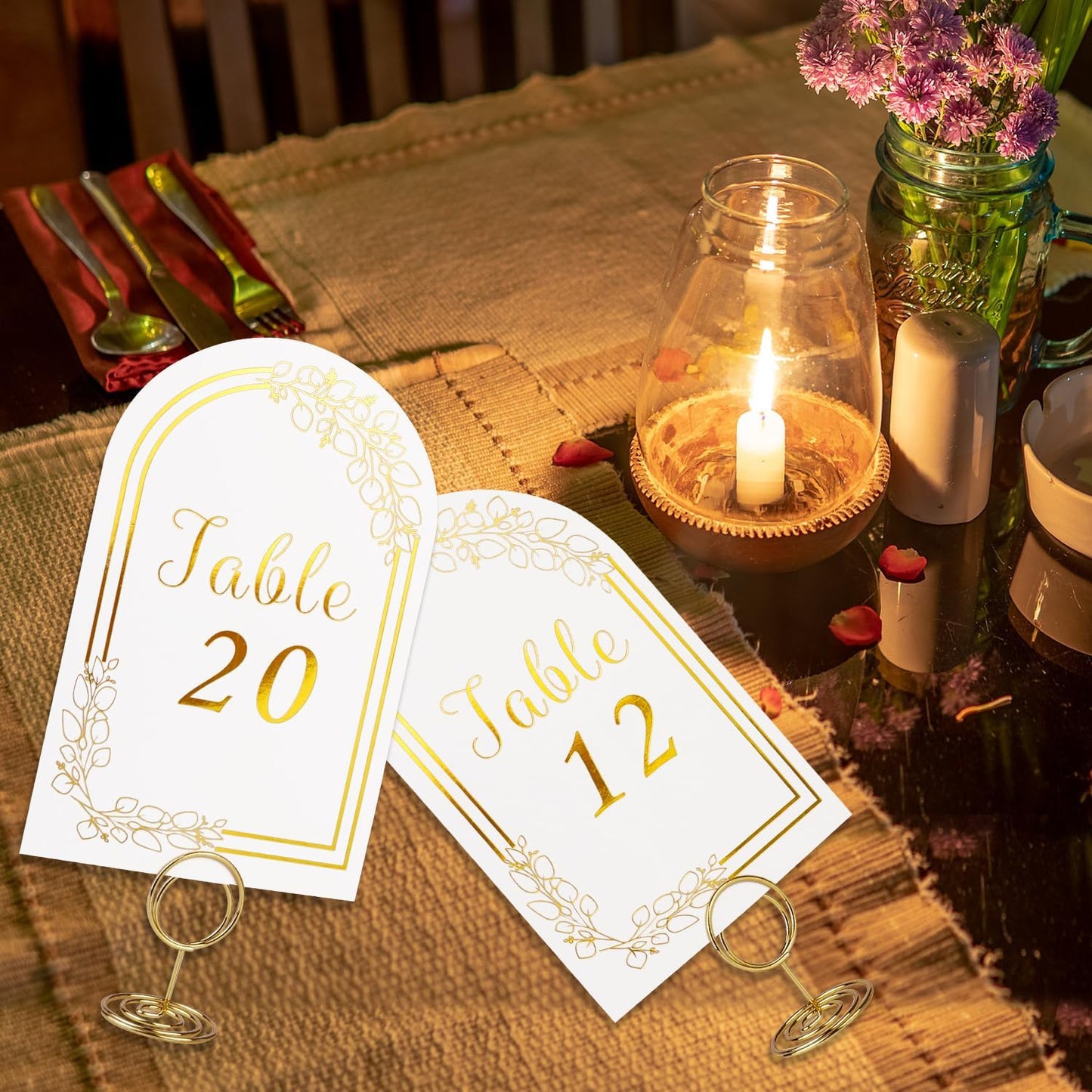 Wedding Table Numbers 1-30, 30 White Gold TableNumber Cards with 30 Gold Number Holders, 1 Set of 30 Table Numbers for Wedding Reception(Card and Holder)