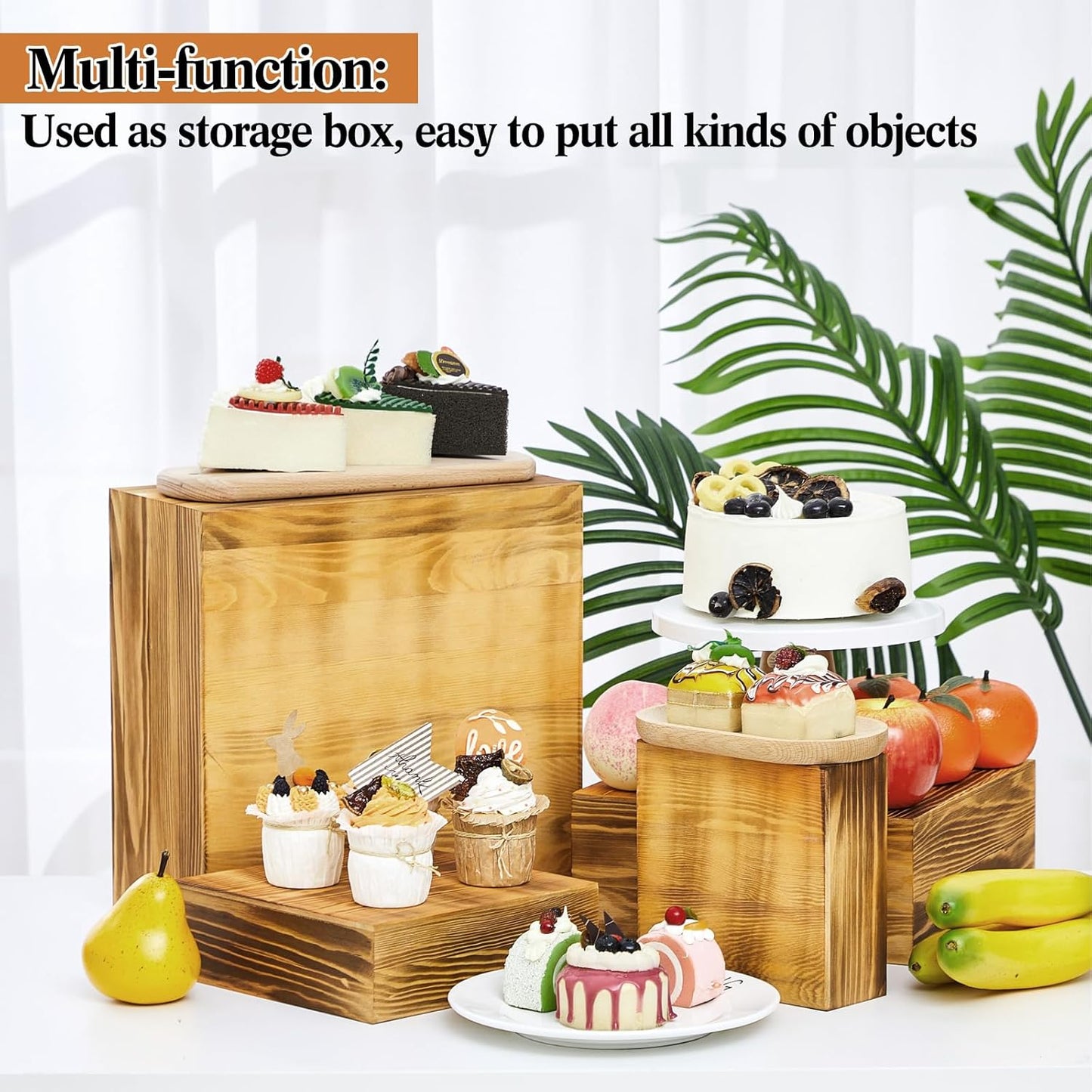 Roowest Set of 4 Wood Display Risers Rustic Cupcake Stand Rustic Wood Cake Stands Wooden Stackable Display Box for Dessert Wedding Birthday Christmas Village Party Decoration(Rustic Brown)