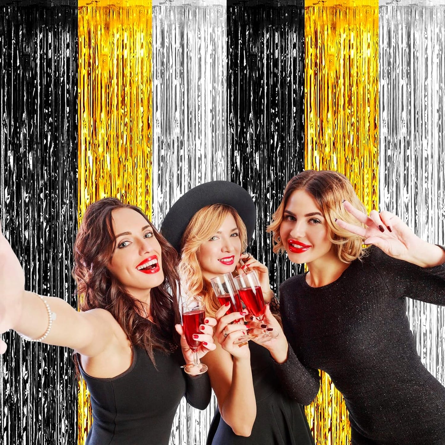4 Pack Black Gold Silver Foil Fringe Curtain Backdrop, 3.28Ft x 9.8Ft Metallic Tinsel Foil Fringe Streamers for Photo Booth, Wedding, Notorious One Birthday Roaring 20s Graduation Party Decoration
