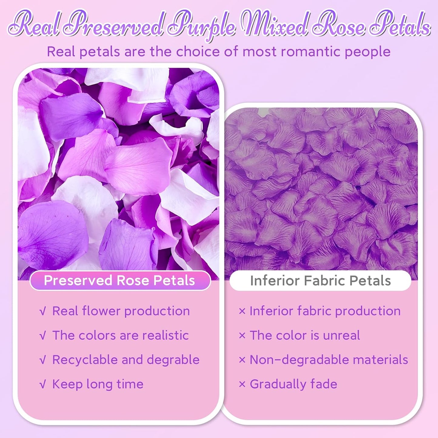 180 PCS Real Purple White Rose Petals for Wedding Flower Girl to Throw, 1.75oz Mixed Fresh Dried Rose Petal for Proposal Centerpieces Valentine's Day Romantic Night Decor