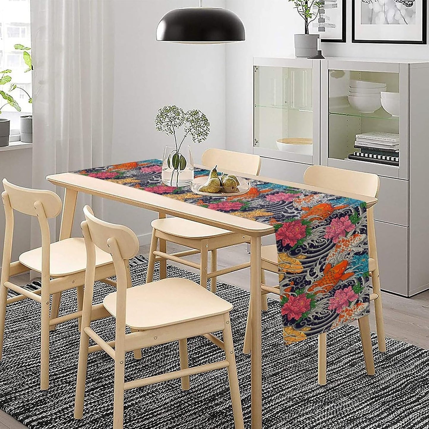 Japanese Retro Flowers Table Runner Oriental Tradition Kio Fish Art Printed Burlap Runner Home Kitchen Dining Table Living Room Decor Fabric 1 Panel W13xL120in