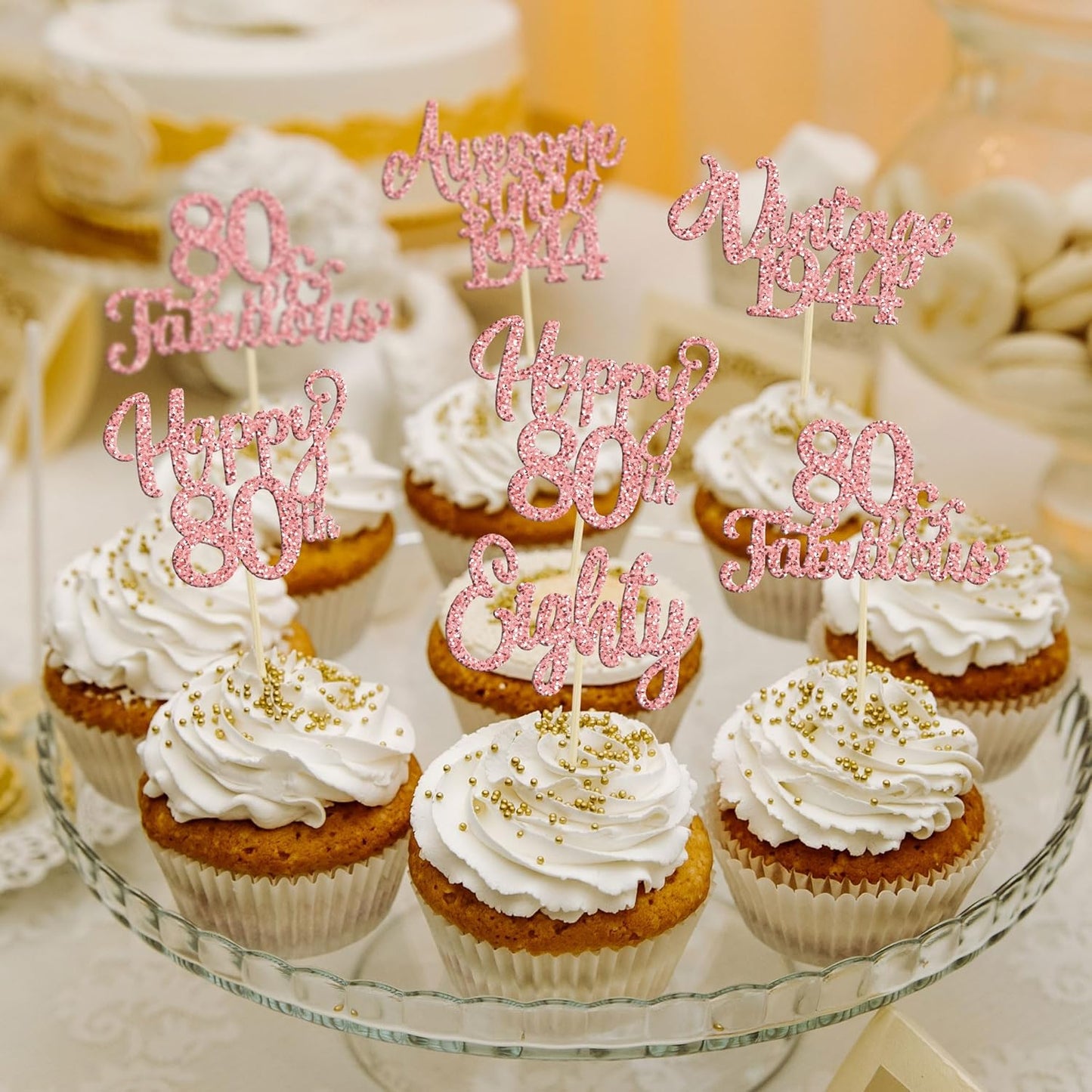 30Pcs Vintage 1944 Cupcake Toppers Glitter Eighty 80 Fabulous Happy 80th Birthday Cupcake Picks Cheers to 80 Years for 80th Birthday Anniversary Party Cake Decorations Supplies Rose Gold