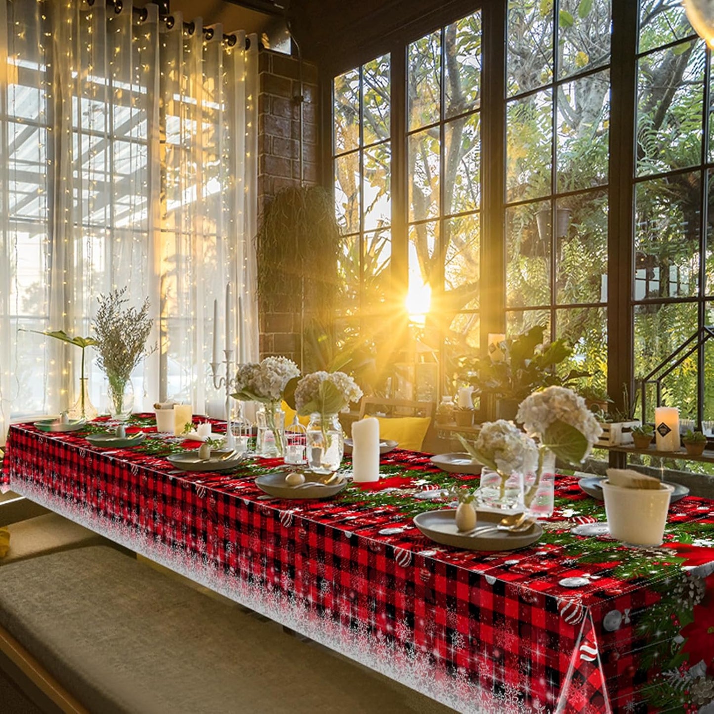 12Pcs Christmas Buffalo Plaid Snowflake Tablecloths,Plastic Red and Black Checkered Rectangle Christmas Tree Color Ball Table Cover for Winter Christmas New Year Holiday Party Decorations,54x108 inch