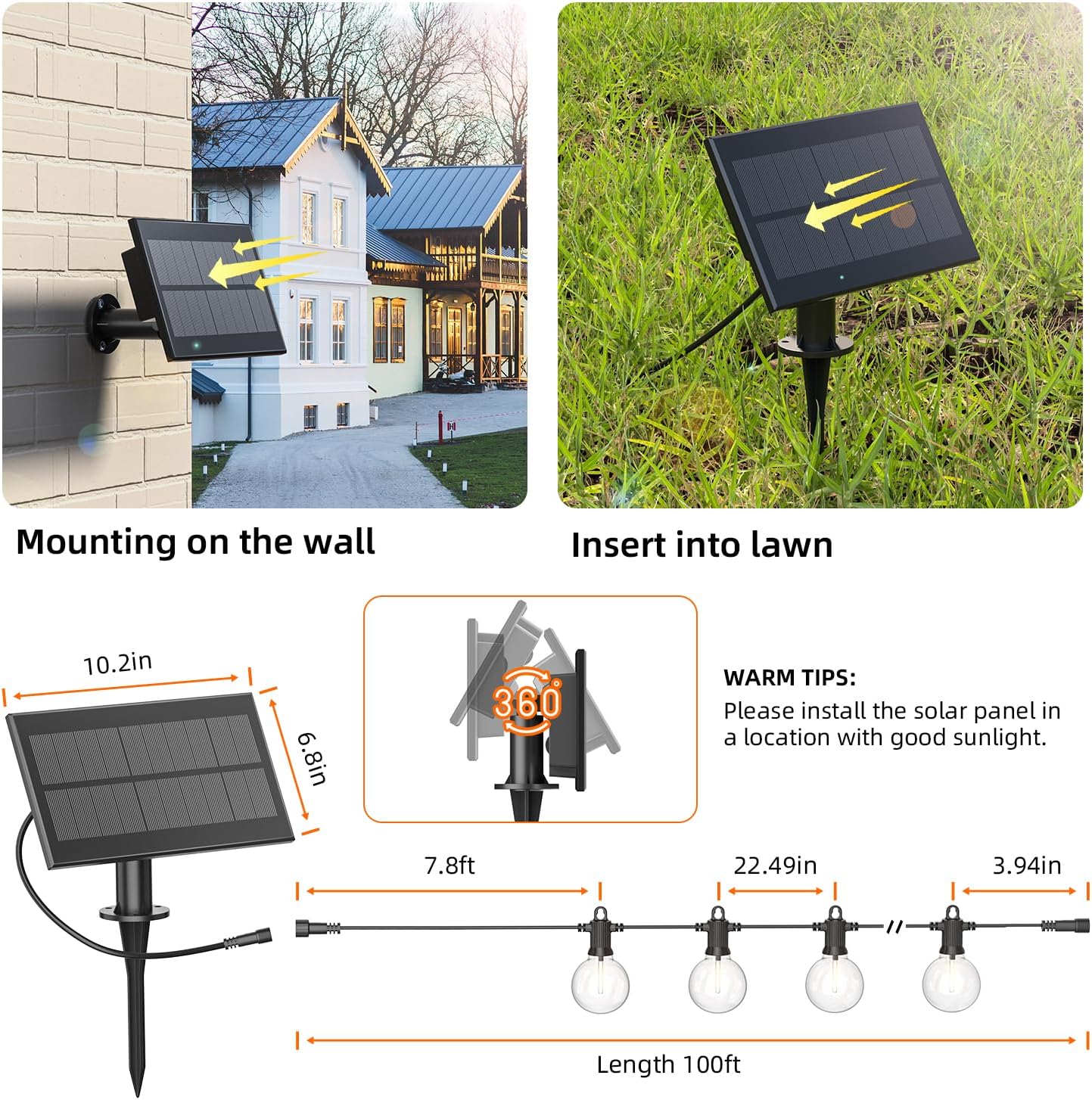 Kawaya Solar Powered String Lights for Outside, Outdoor IP65 Waterproof LED Patio Light with USB-Charging, Shatterproof Edison Hanging Lights for Bistro Yard Cafe Porch Camping (Solar-Power 100FT)