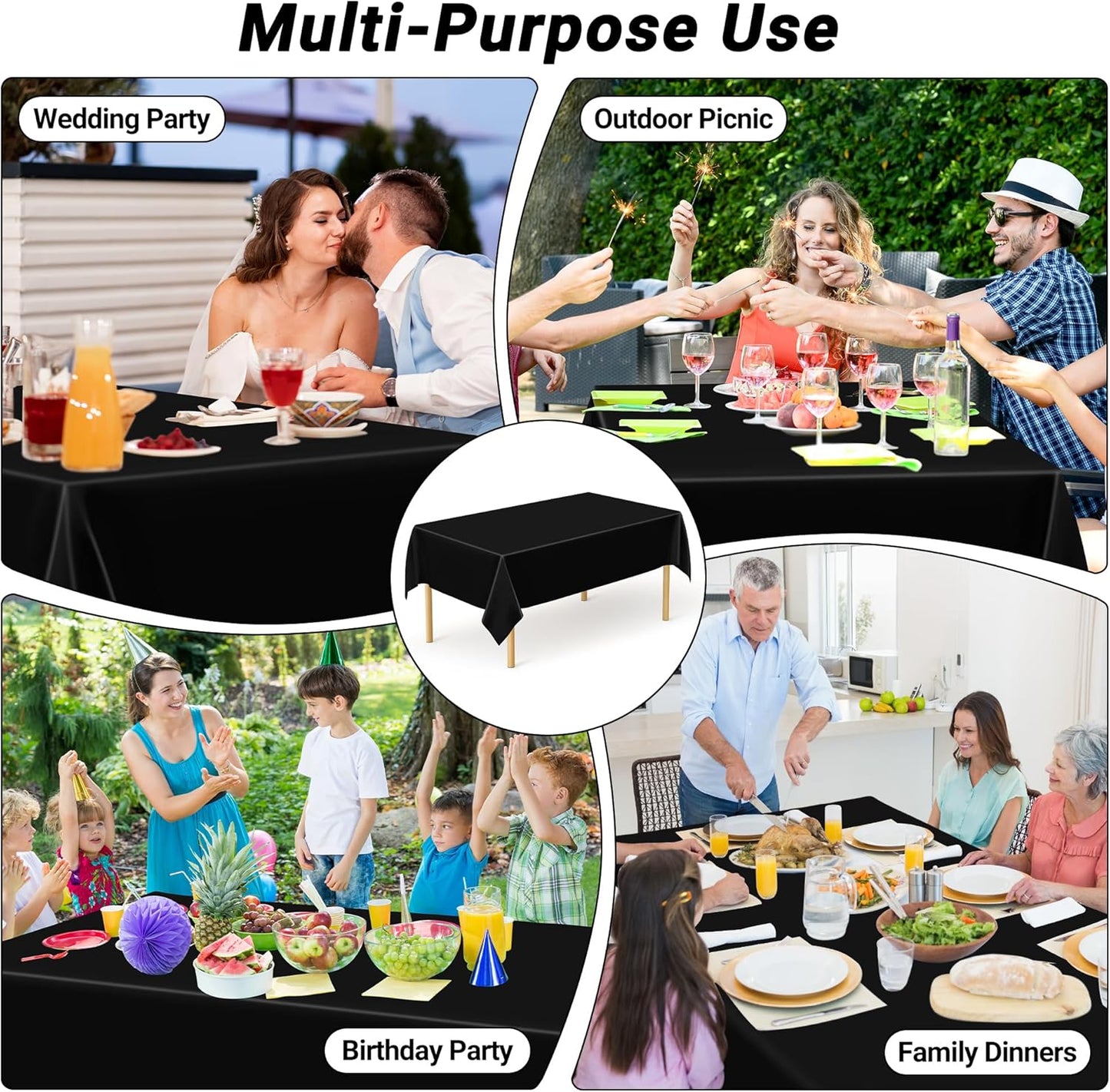 QZYL 12 PCS Table Cloth Rectangle, Black Picnic Table Cover with Bench Covers, 54 X 108 in Disposable Christmas Table Cloth Rectangle Table for Camping Birthdays Weddings Parties