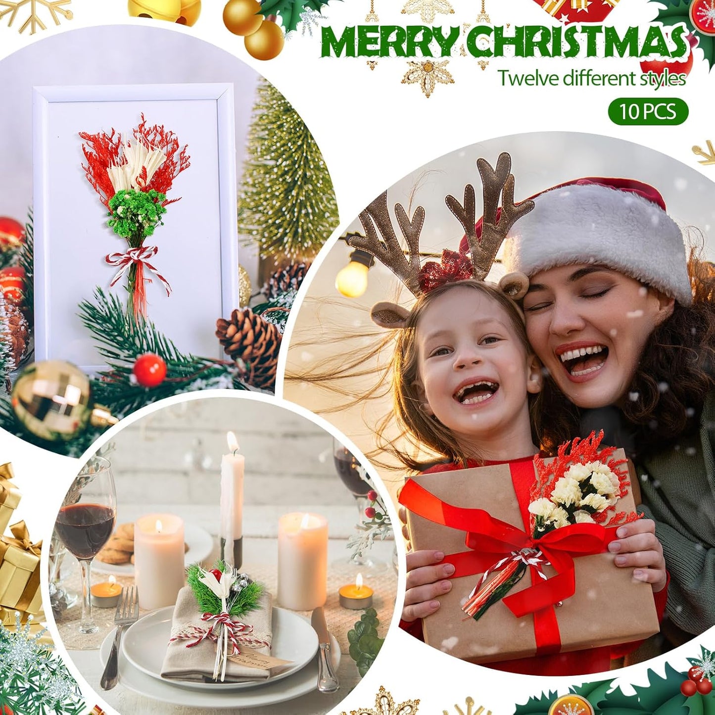 10/12/24 Pack Dried Flowers for Vase Various Mini Bouquet Dried Small Wildflowers Natural Real Flowers Bulk for Crafts DIY Wedding Decor (10, Christmas Color1)