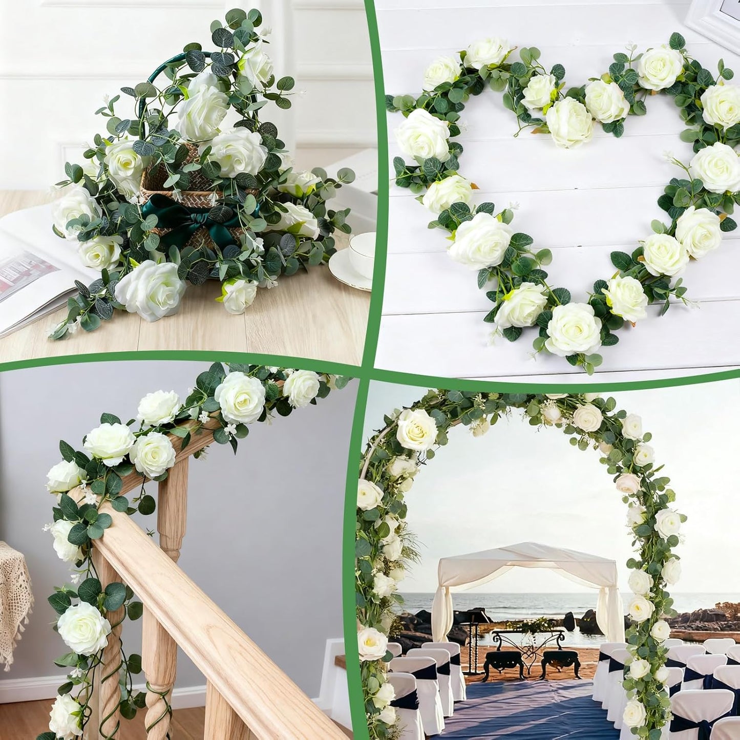 6FT Artificial Eucalyptus Garland with 14 Fake White Rose Flowers - Floral Greenery Decoration Vine for Wedding Centerpieces, Table Runner, Backdrop, Arch Wall Decor,Indoor/Outdoor (2 PCS)