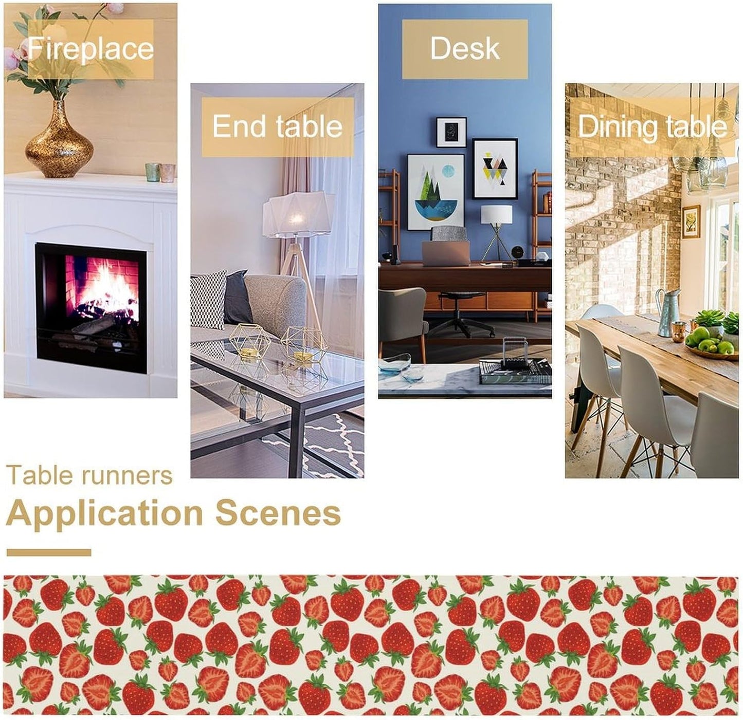 Strawberry Table Runner,Spring Summer Fruit Print Table Runner for Kitchen Dining Table Home Party Decoration 13x72 Inch