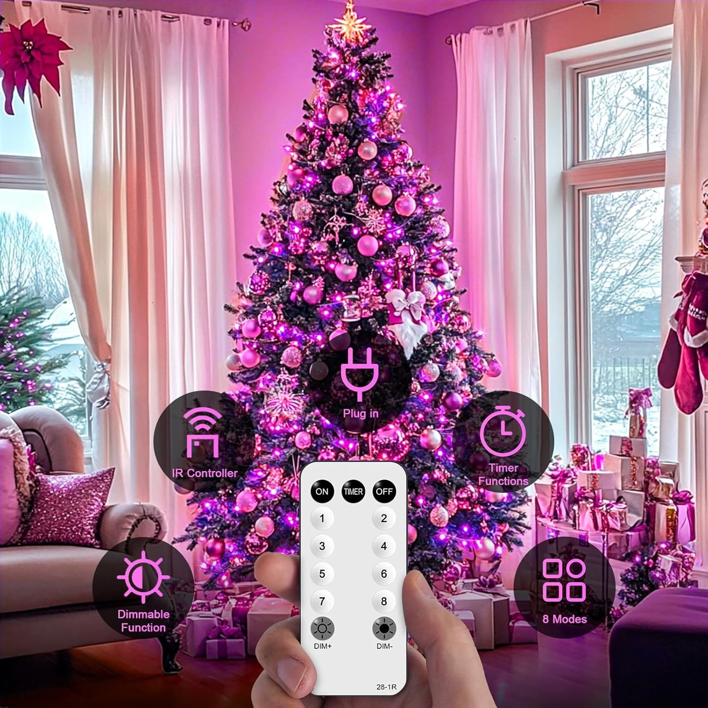 JMEXSUSS 600 LED Pink Christmas Lights for Decorations, 168ft Pink String Fairy Lights Indoor Outdoor Clear Wire for Girl's Room Bedroom Brithday Party Yard Decor